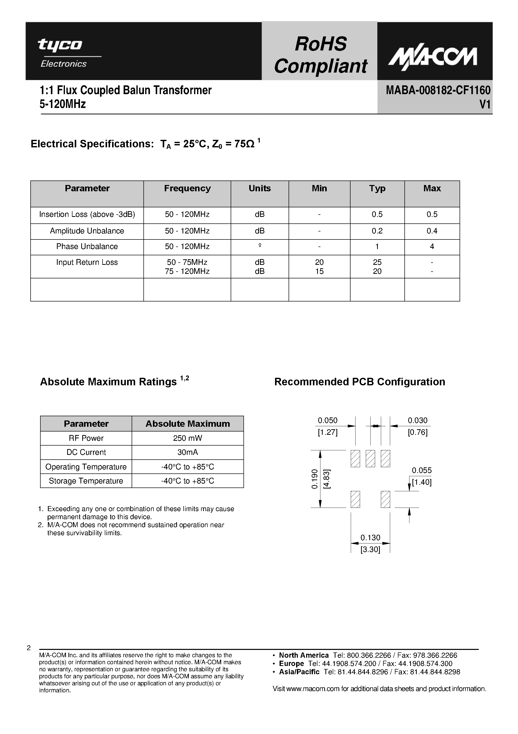 Даташит MABA-008182-CF1160 - 1:1 Flux Coupled Balun Transformer страница 2