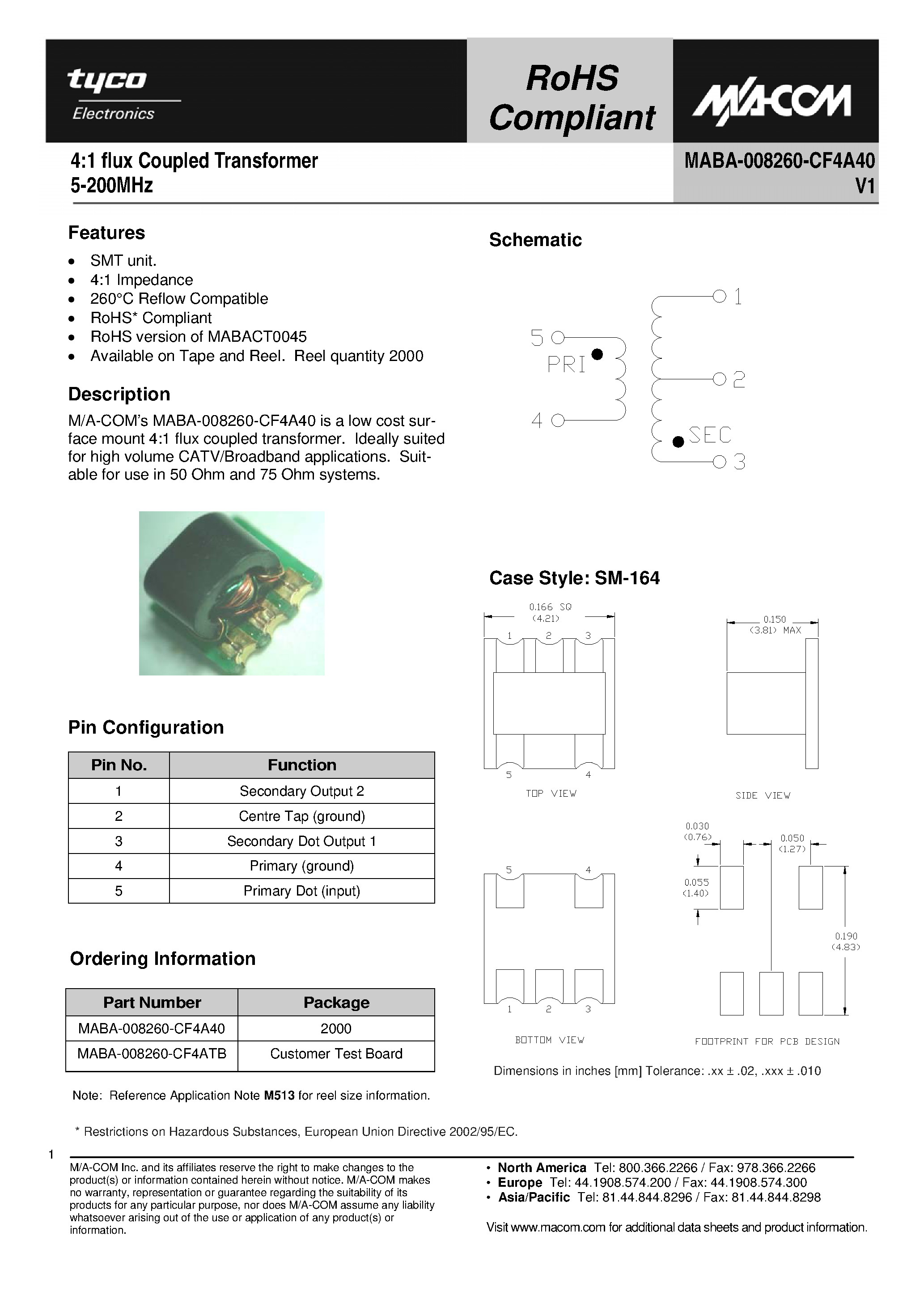 Datasheet MABA-008260-CF4A40 - 4:1 flux Coupled Transformer page 1