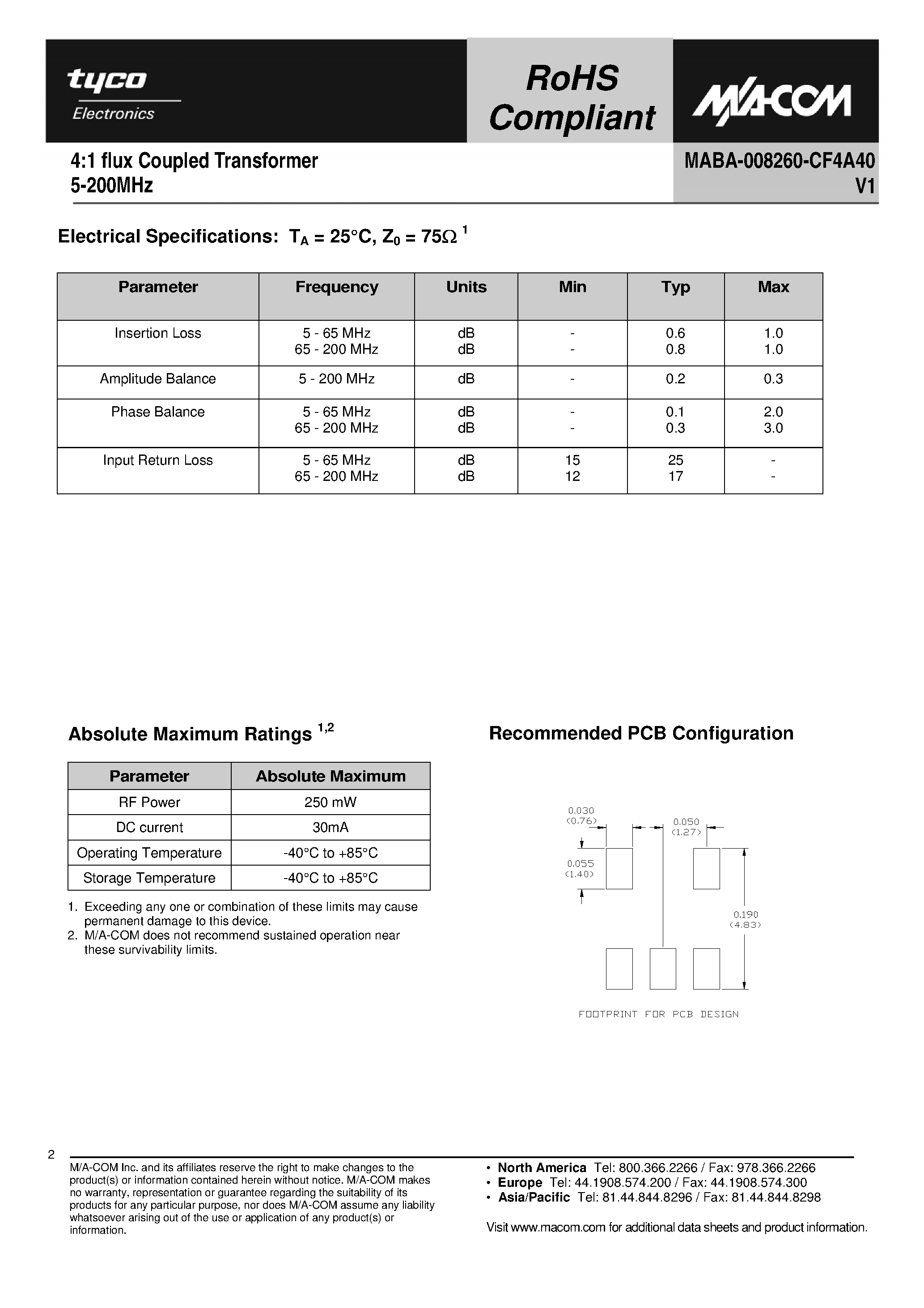 Datasheet MABA-008260-CF4A40 - 4:1 flux Coupled Transformer page 2