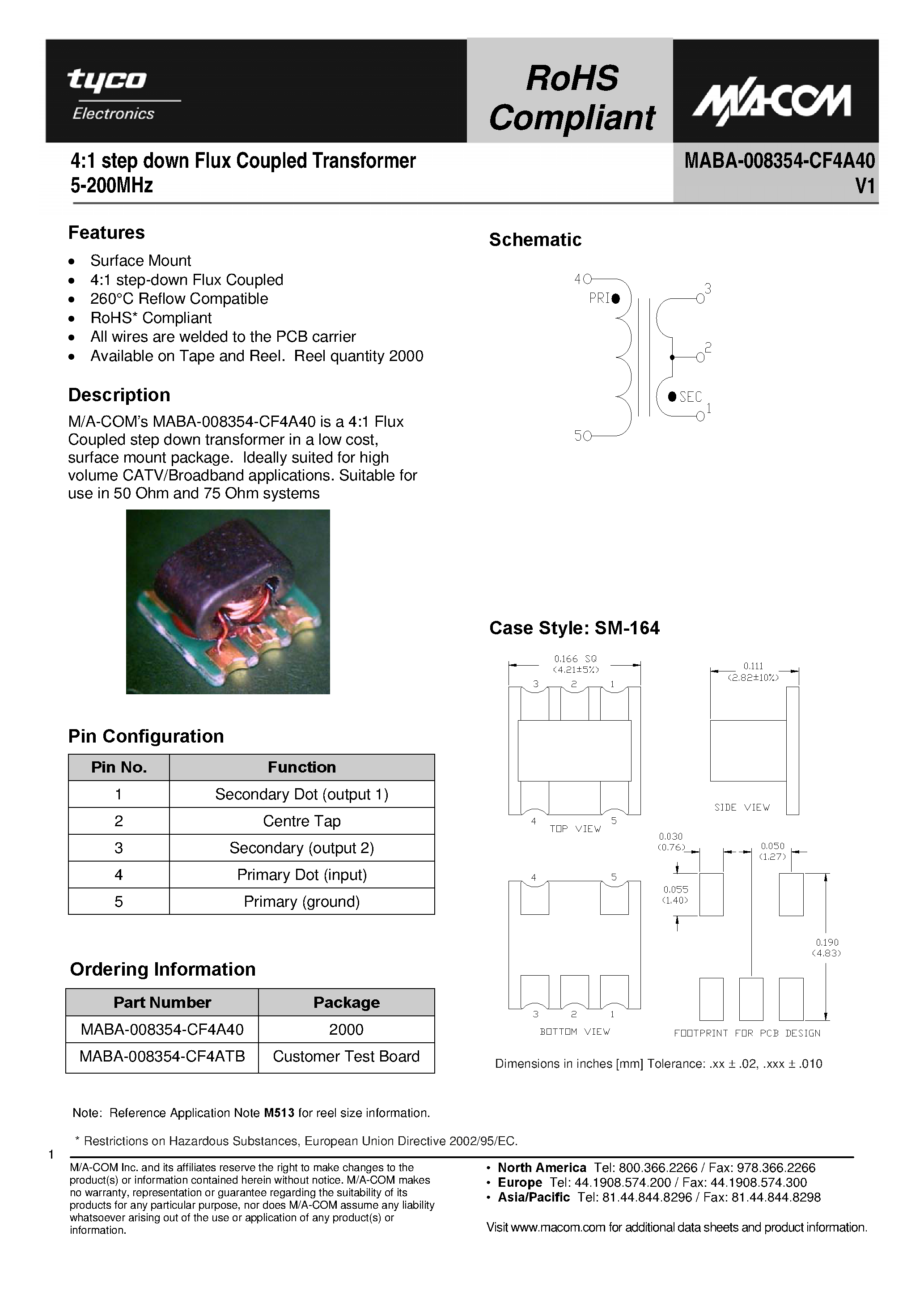 Datasheet MABA-008354-CF4A40 - 4:1 step down Flux Coupled Transformer page 1