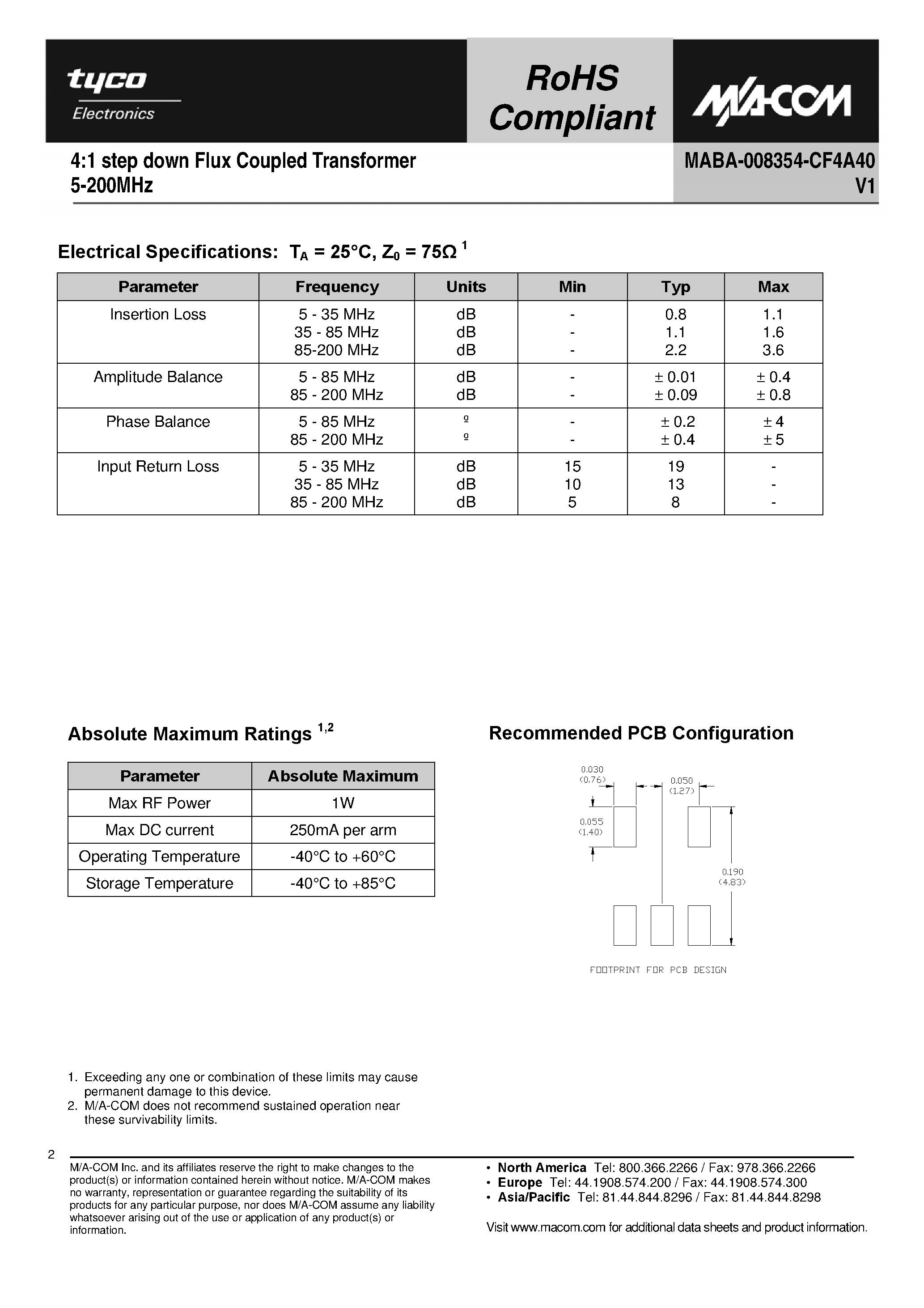 Datasheet MABA-008354-CF4A40 - 4:1 step down Flux Coupled Transformer page 2