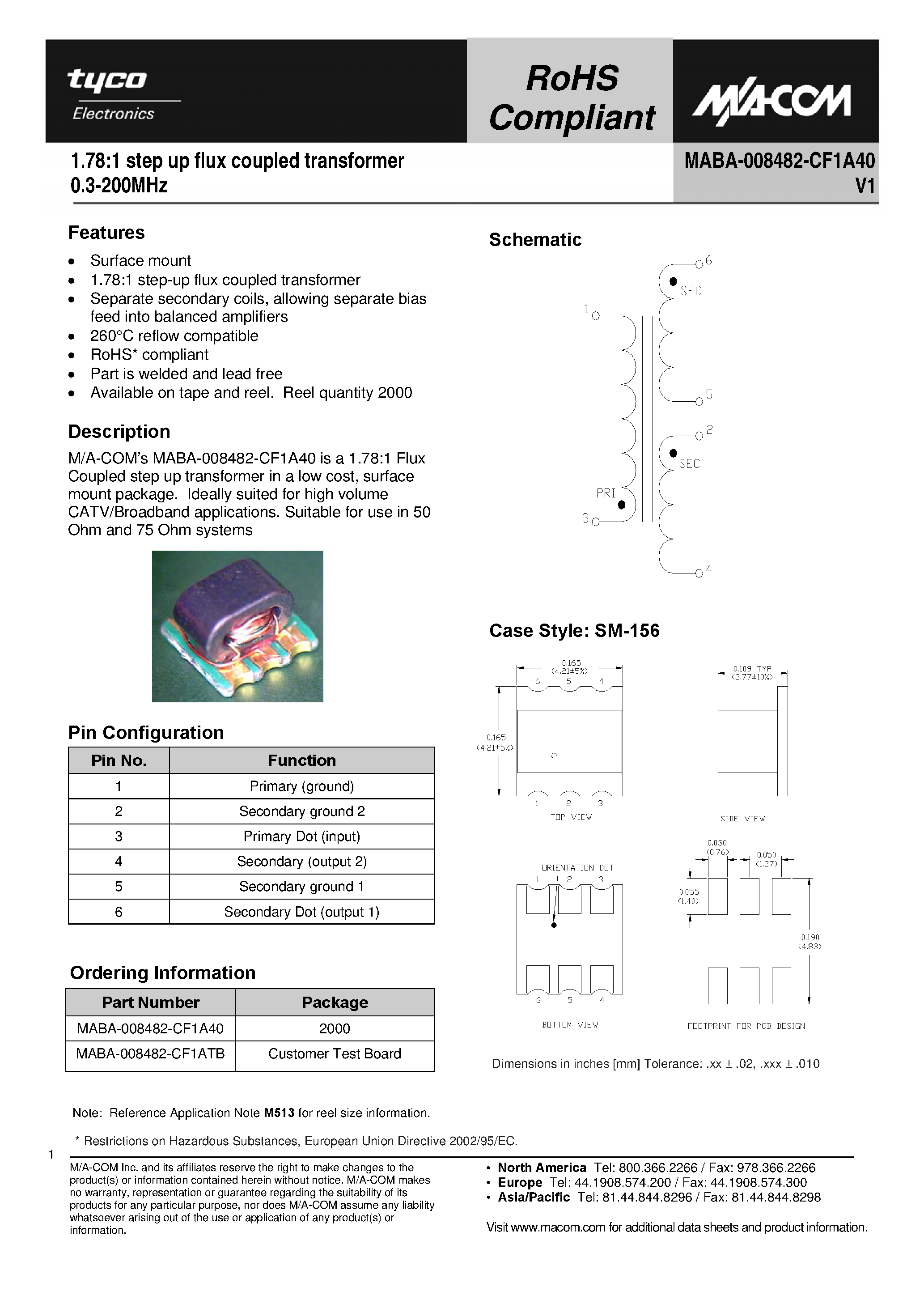 Datasheet MABA-008482-CF1A40 - 1.78:1 step up flux coupled transformer page 1