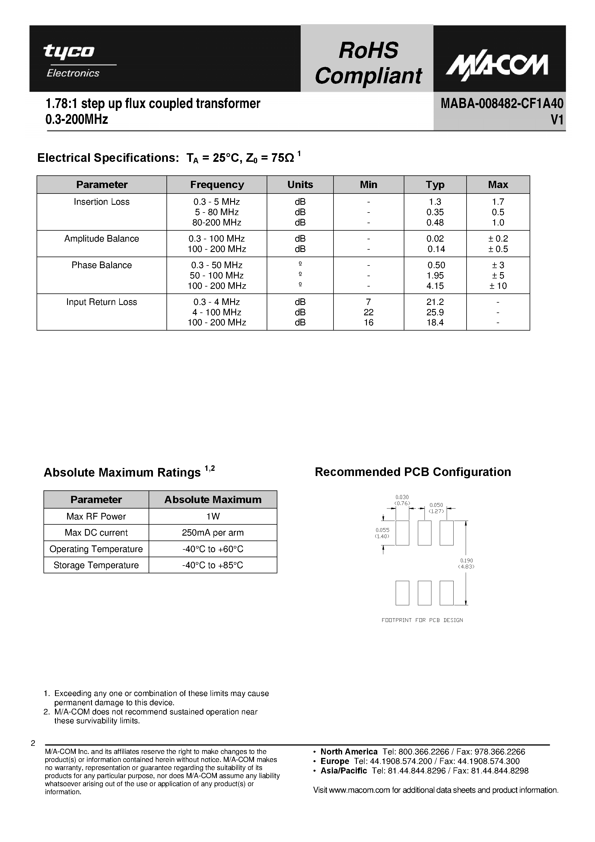 Datasheet MABA-008482-CF1A40 - 1.78:1 step up flux coupled transformer page 2