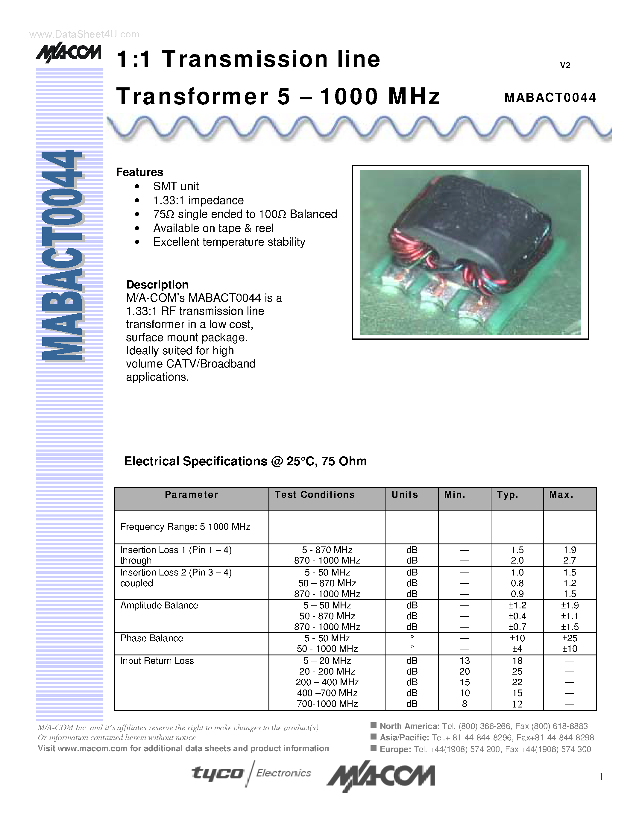 Даташит MABACT0044 - 1:1 Transmission Line Transformer страница 1