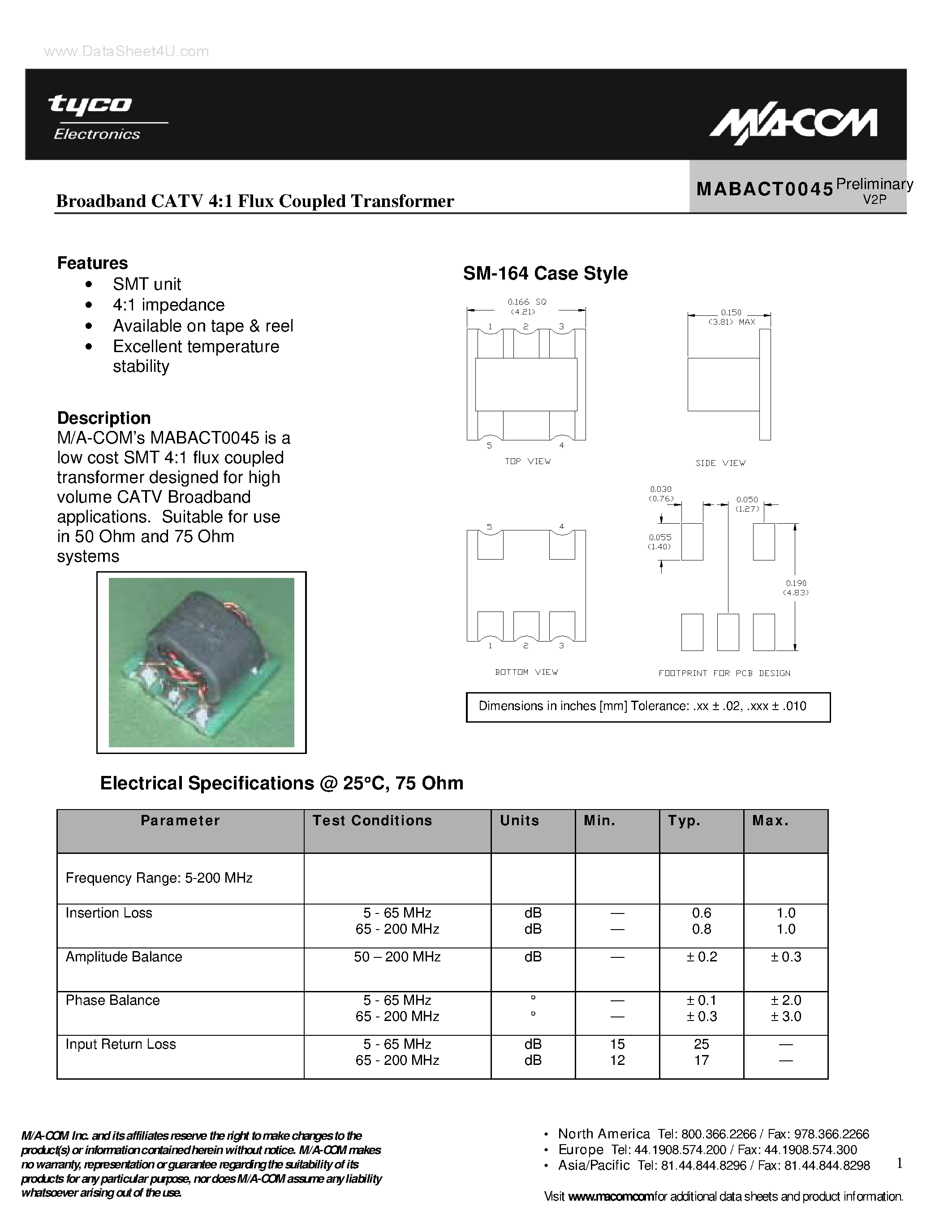 Datasheet MABACT0045 - Broadband CATV 4:1 Flux Coupled Transformer page 1