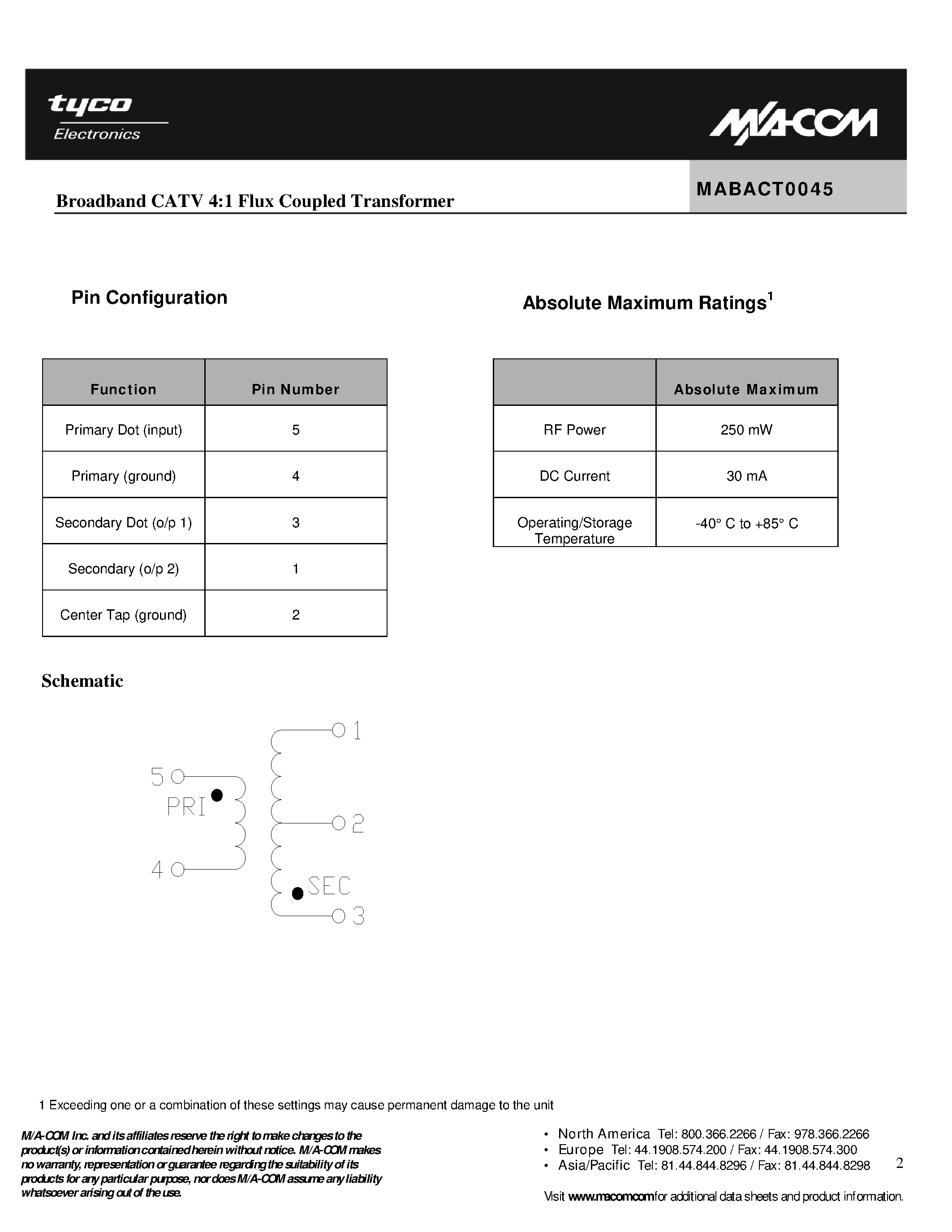 Datasheet MABACT0045 - Broadband CATV 4:1 Flux Coupled Transformer page 2
