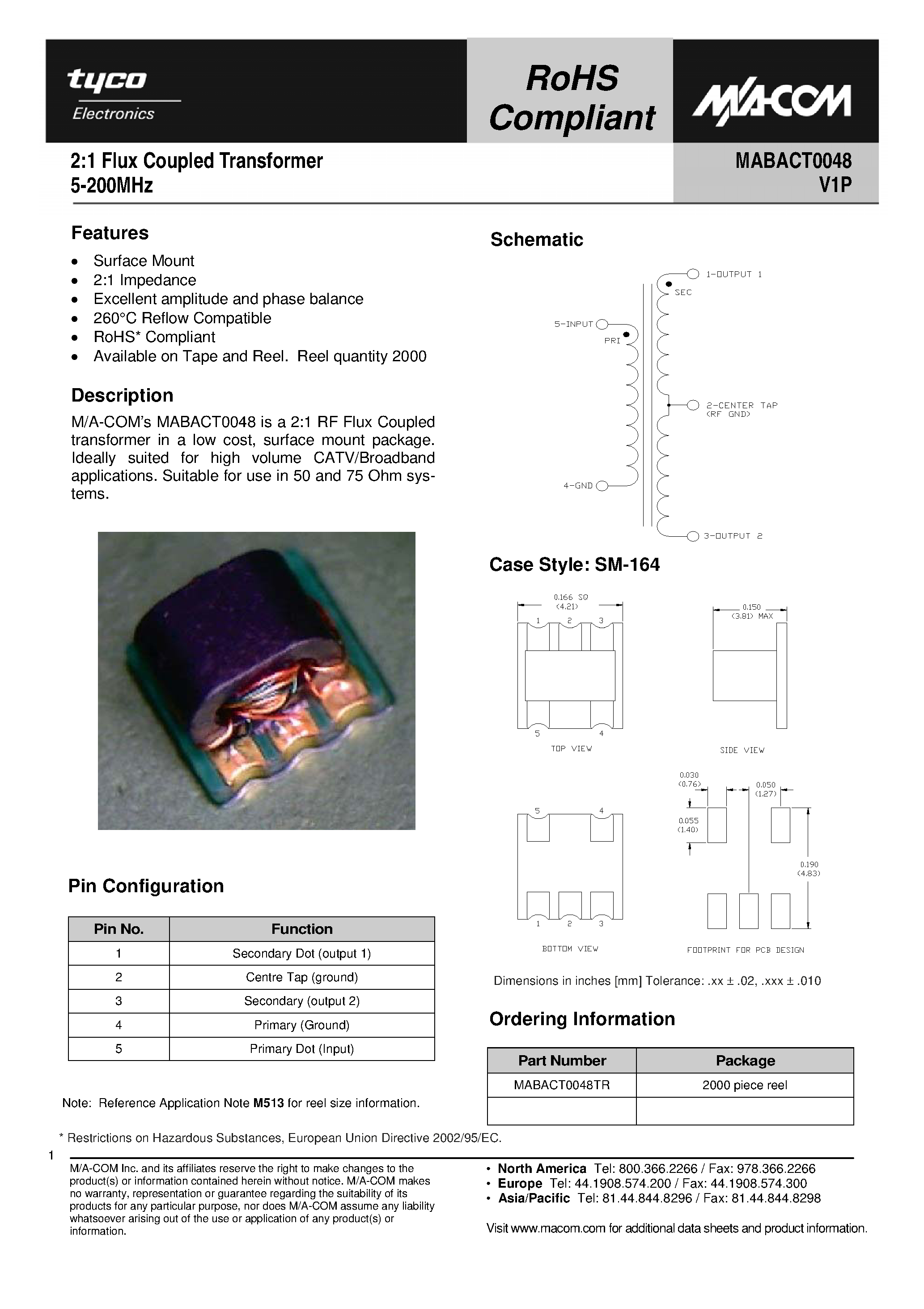 Datasheet MABACT0048 - 2:1 Flux Coupled Transformer page 1