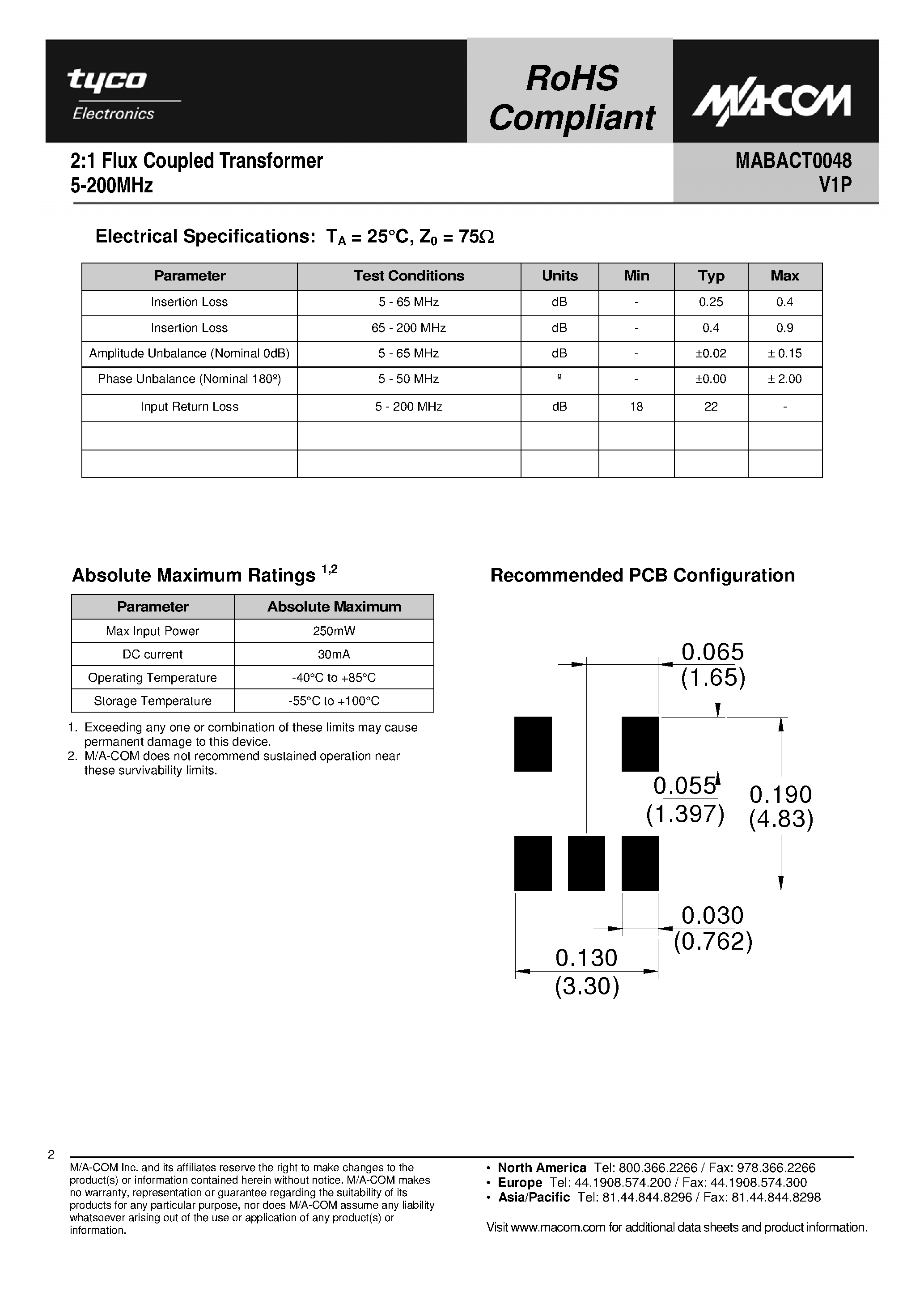 Datasheet MABACT0048 - 2:1 Flux Coupled Transformer page 2