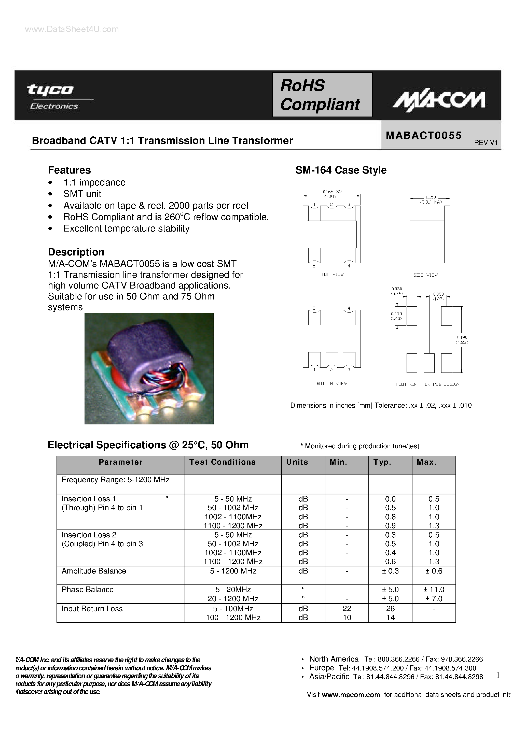 Даташит MABACT0055 - Broadband CATV 1:1 Transmission Line Transformer страница 1