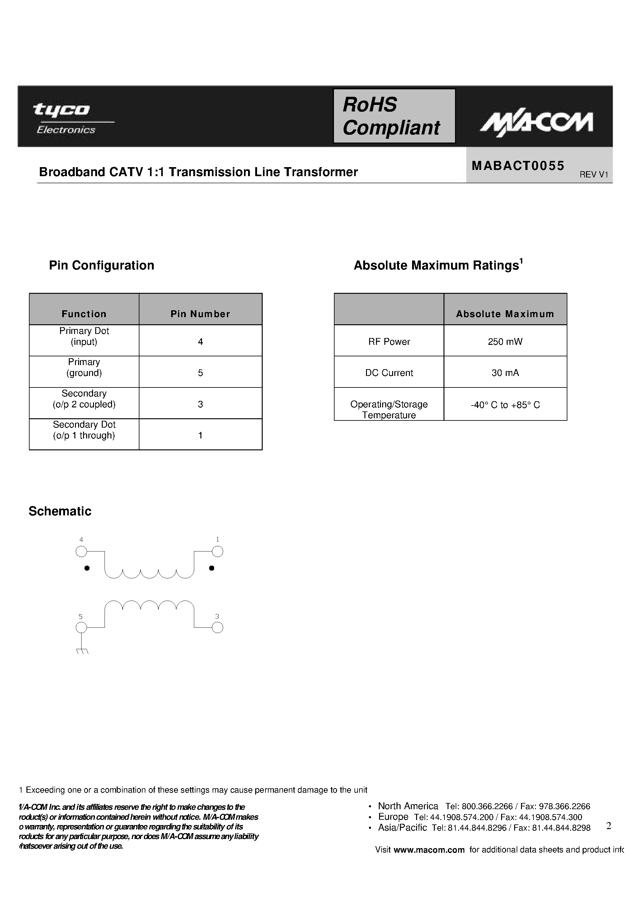 Даташит MABACT0055 - Broadband CATV 1:1 Transmission Line Transformer страница 2
