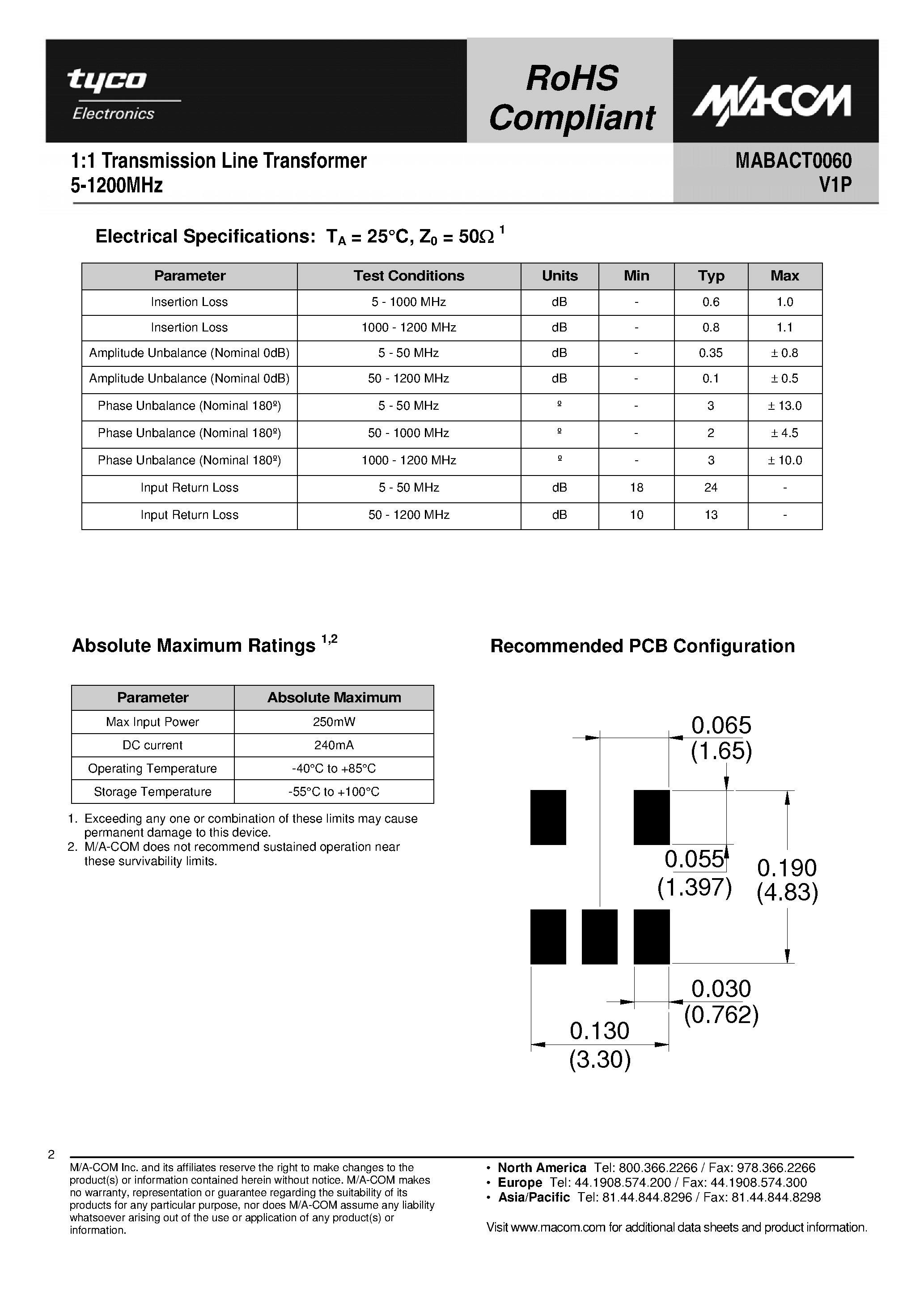 Даташит MABACT0060 - 1:1 Transmission Line Transformer страница 2