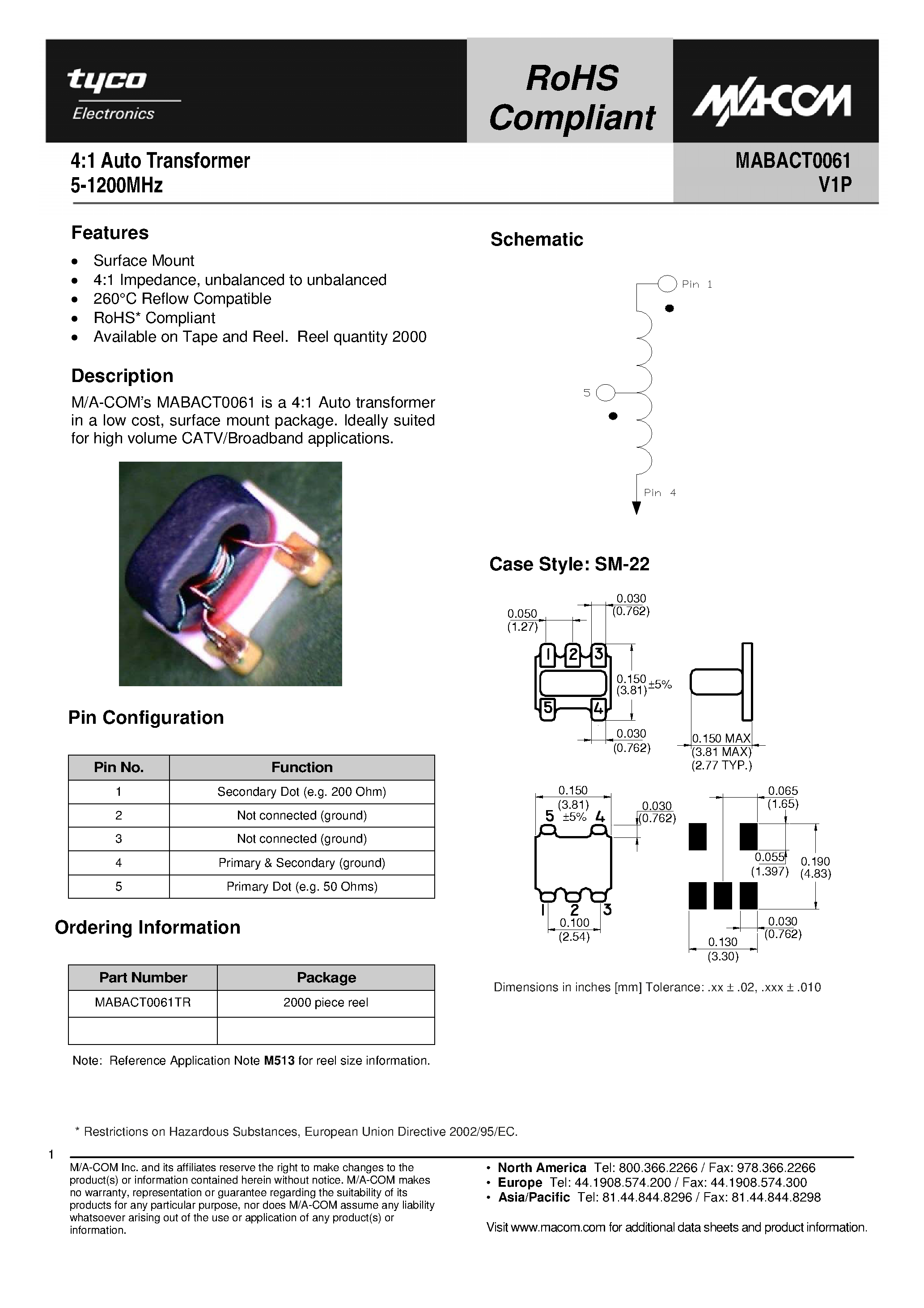 Datasheet MABACT0061 - 4:1 Auto Transformer page 1