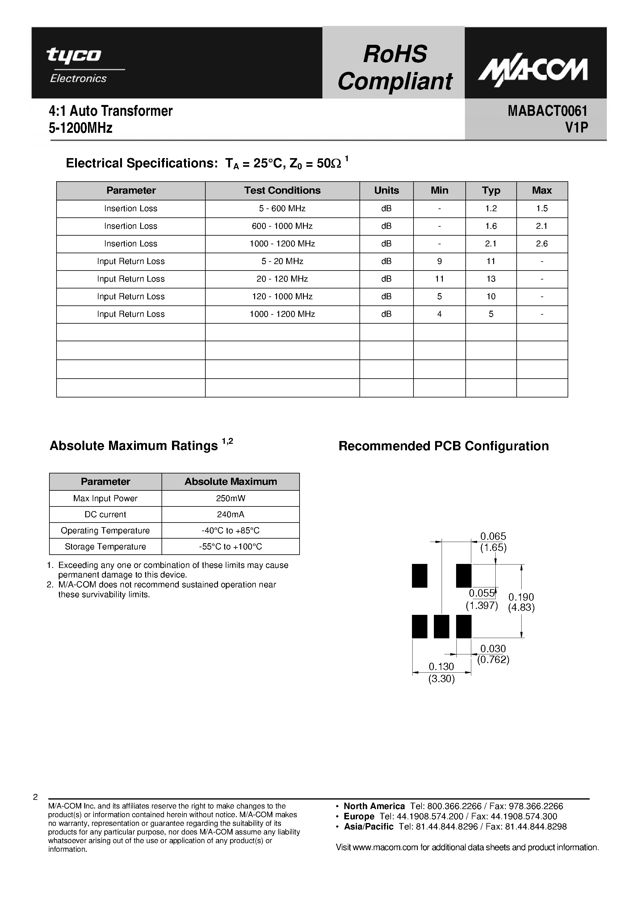 Datasheet MABACT0061 - 4:1 Auto Transformer page 2