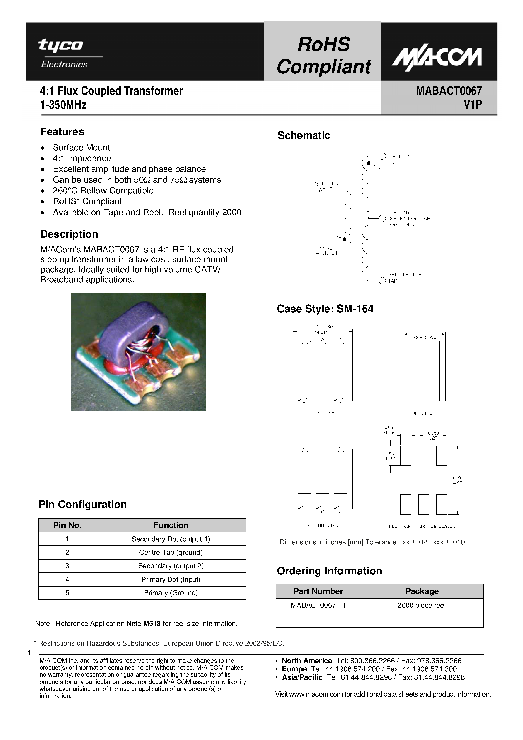 Datasheet MABACT0067 page 1 Datasheet MABACT0067 - 4:1 Flux Coupled Transformer page 1