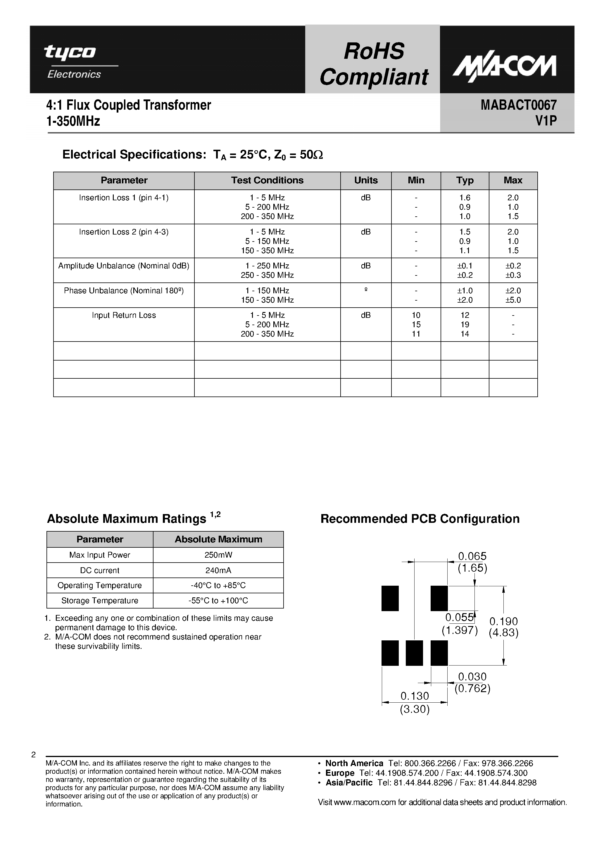 Datasheet MABACT0067 page 2 Datasheet MABACT0067 - 4:1 Flux Coupled Transformer page 2