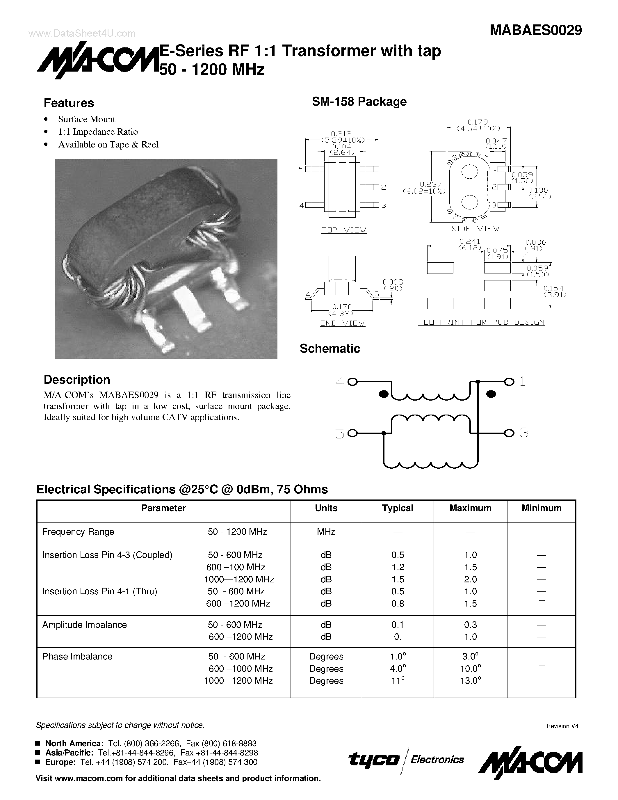Datasheet MABAES0029 - E-Series RF 1:1 Transformer page 1