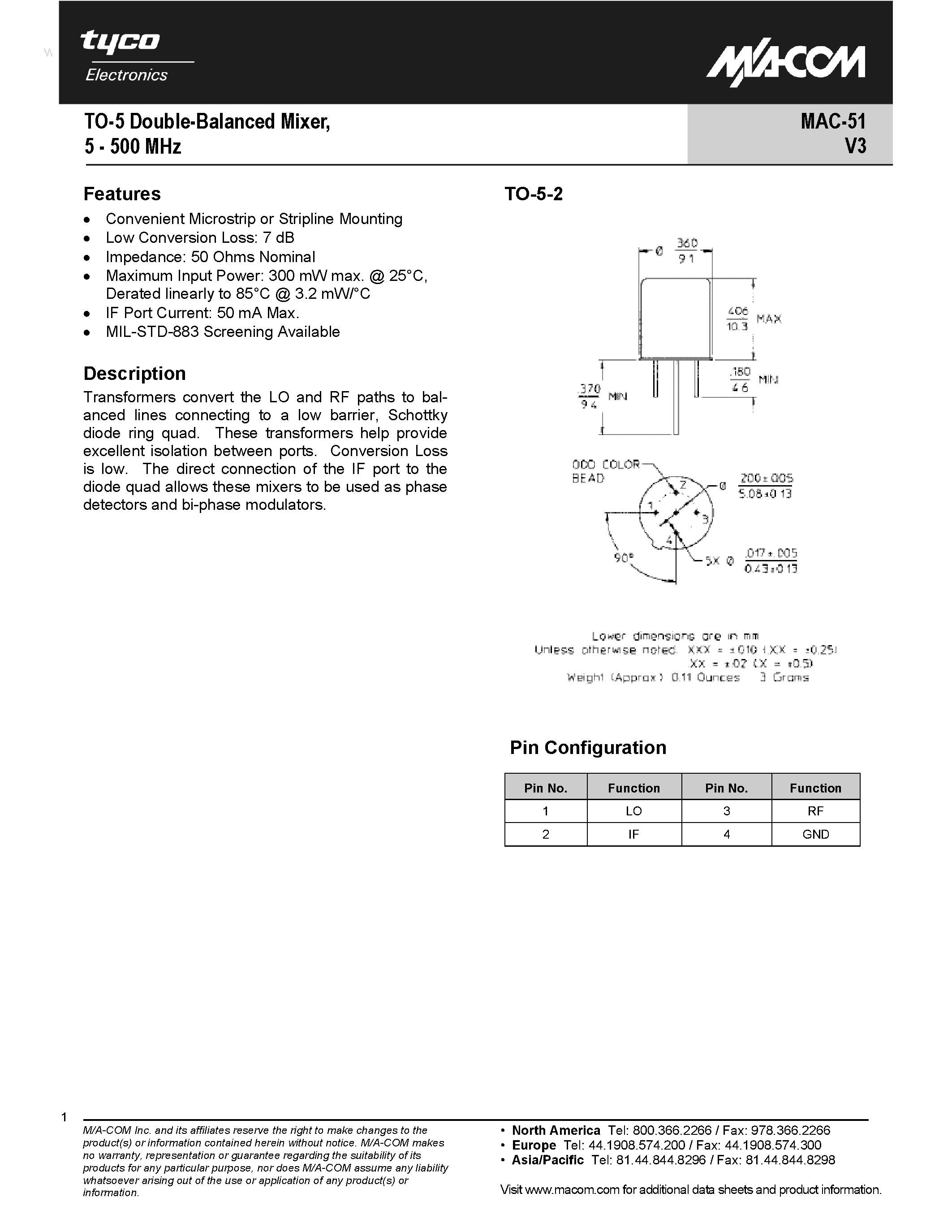 Datasheet MAC-51 - TO-5 Double-Balanced Mixer page 1
