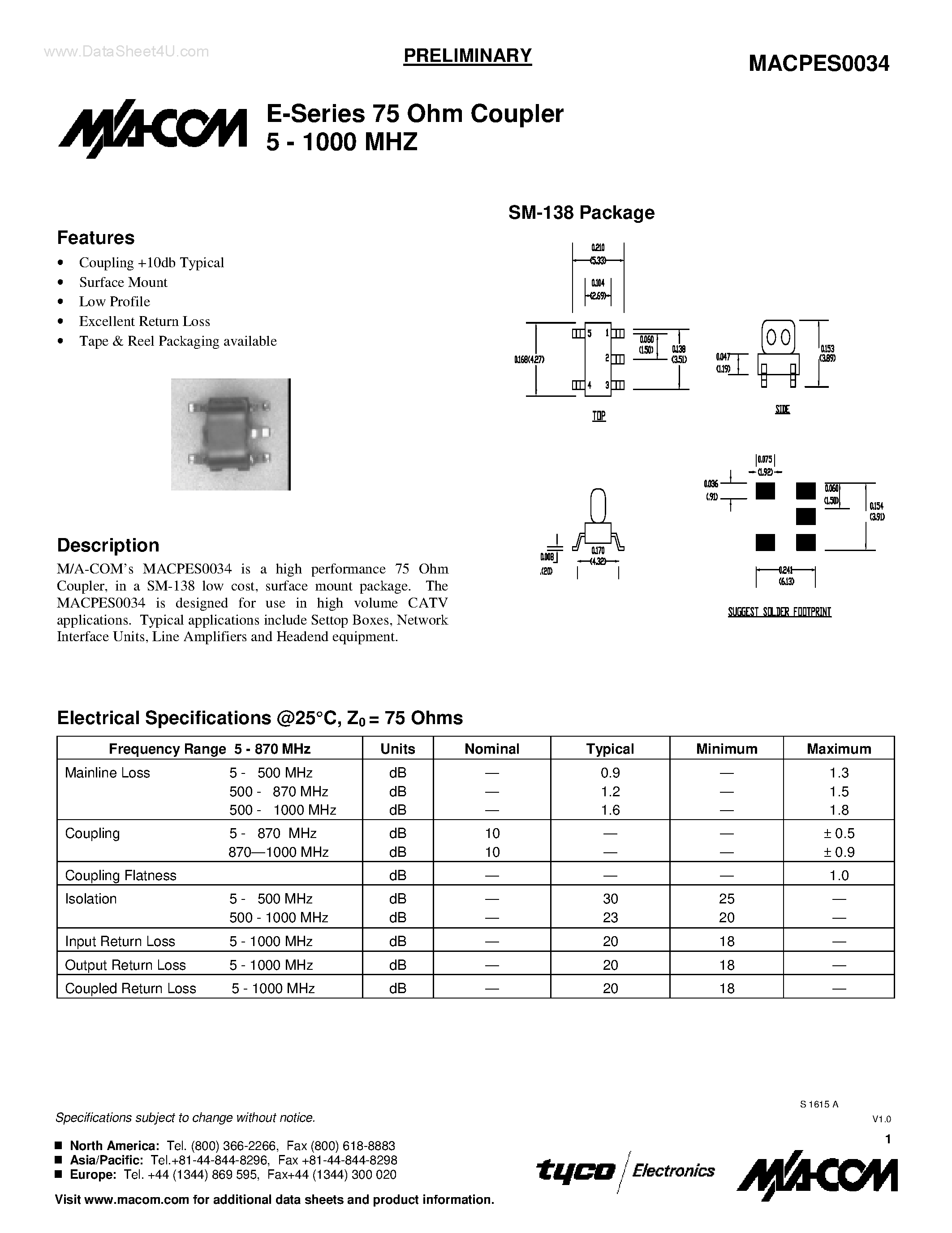 Datasheet MACPES0034 - E-Series 75 Ohm Coupler page 1