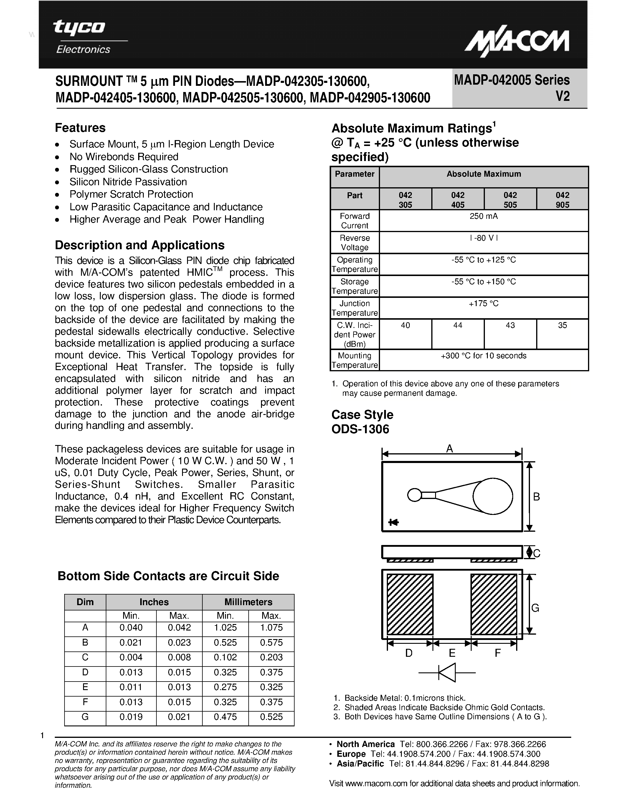 Datasheet MADP-042005 page 1 Datasheet MADP-042005 - SURMOUNT TM 5 um PIN Diodes page 1