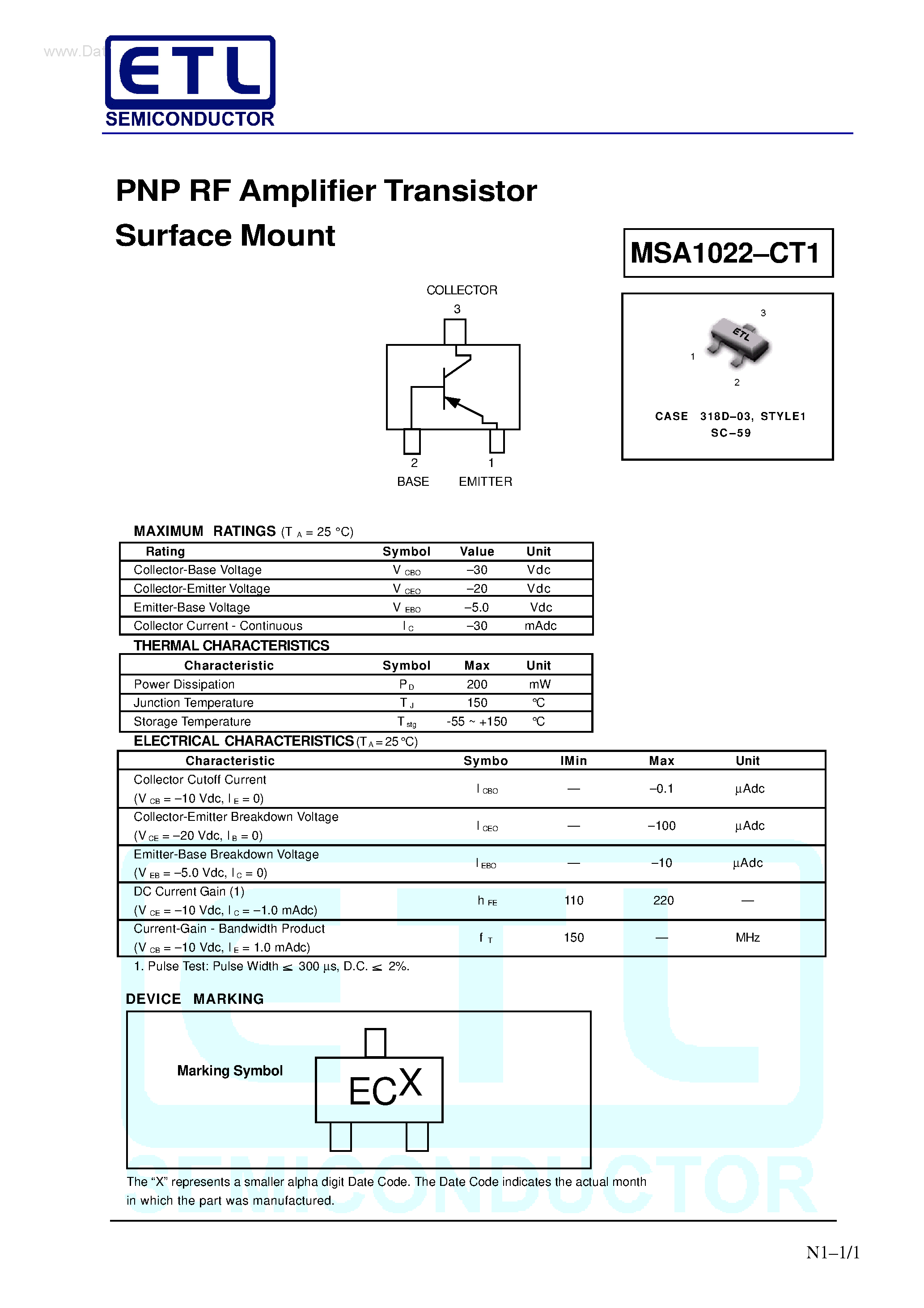 Даташит на микросхему MSA1022-CT1 страница 1 Даташит MSA1022-CT1 - PNP RF Amplifier Transistor Surface Mount страница 1