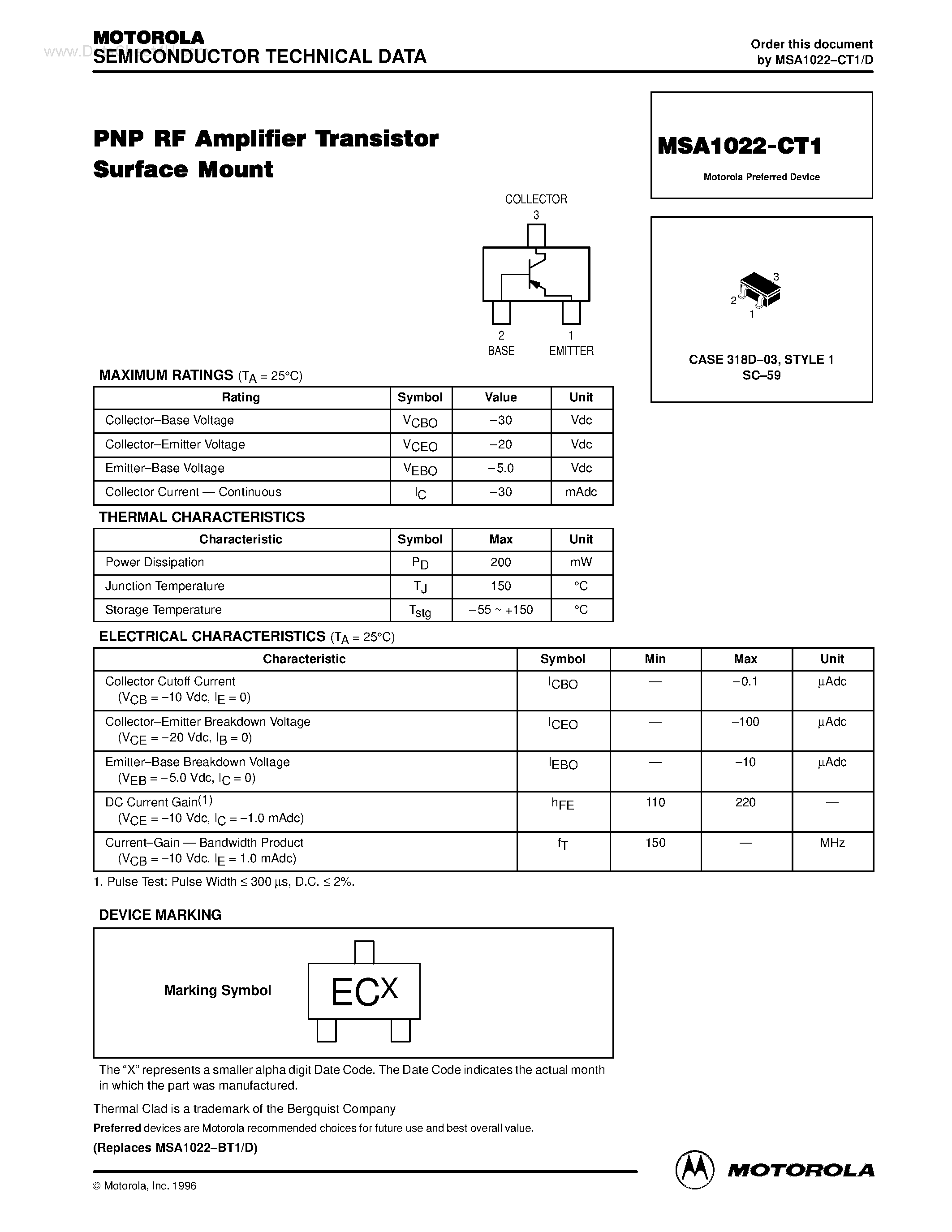 Даташит на микросхему MSA1022-CT1 страница 1 Даташит MSA1022-CT1 - PNP RF Amplifier Transistor Surface Mount страница 1