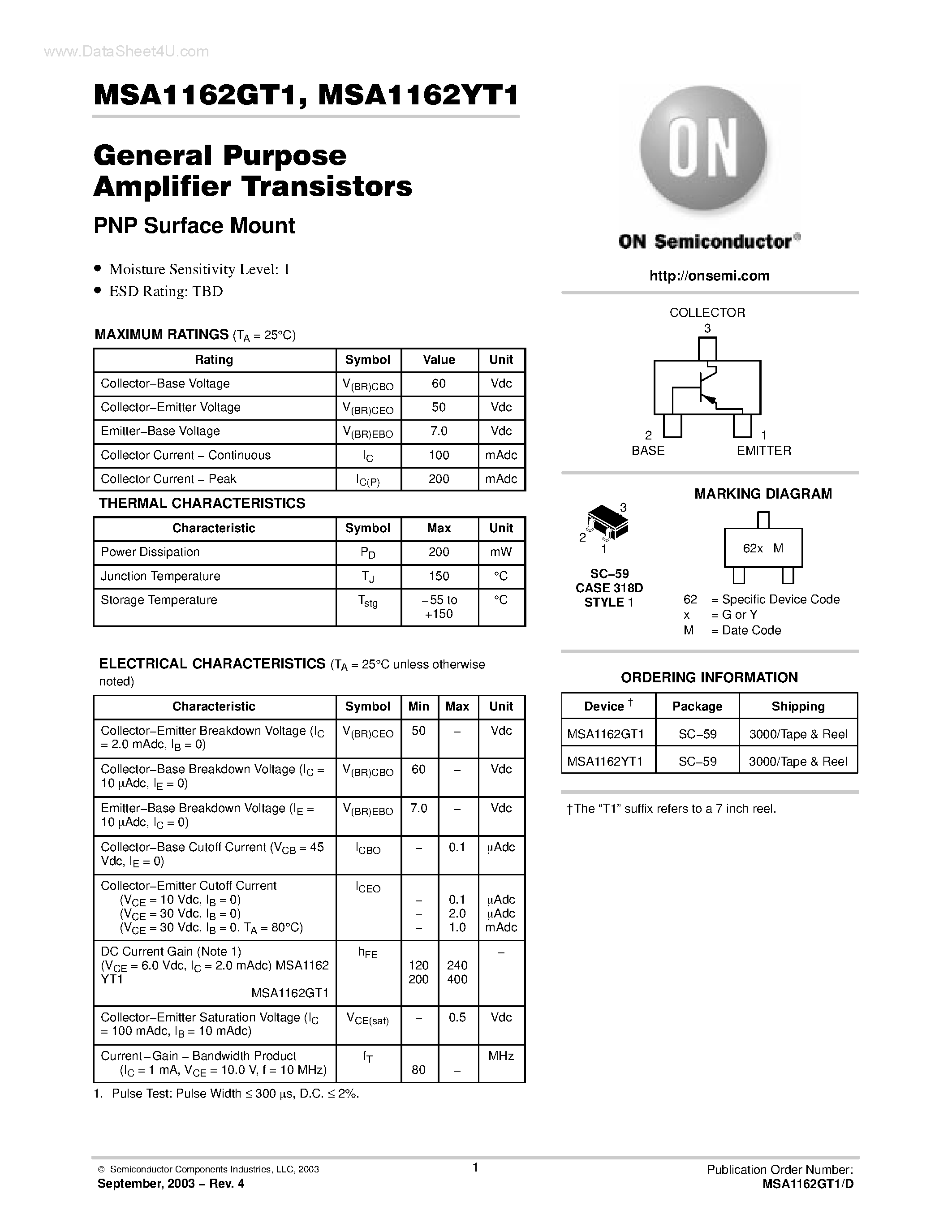 Даташит MSA1162GT1 - (MSA1162GT1 / MSA1162YT1) General Purpose Amplifier Transistors страница 1