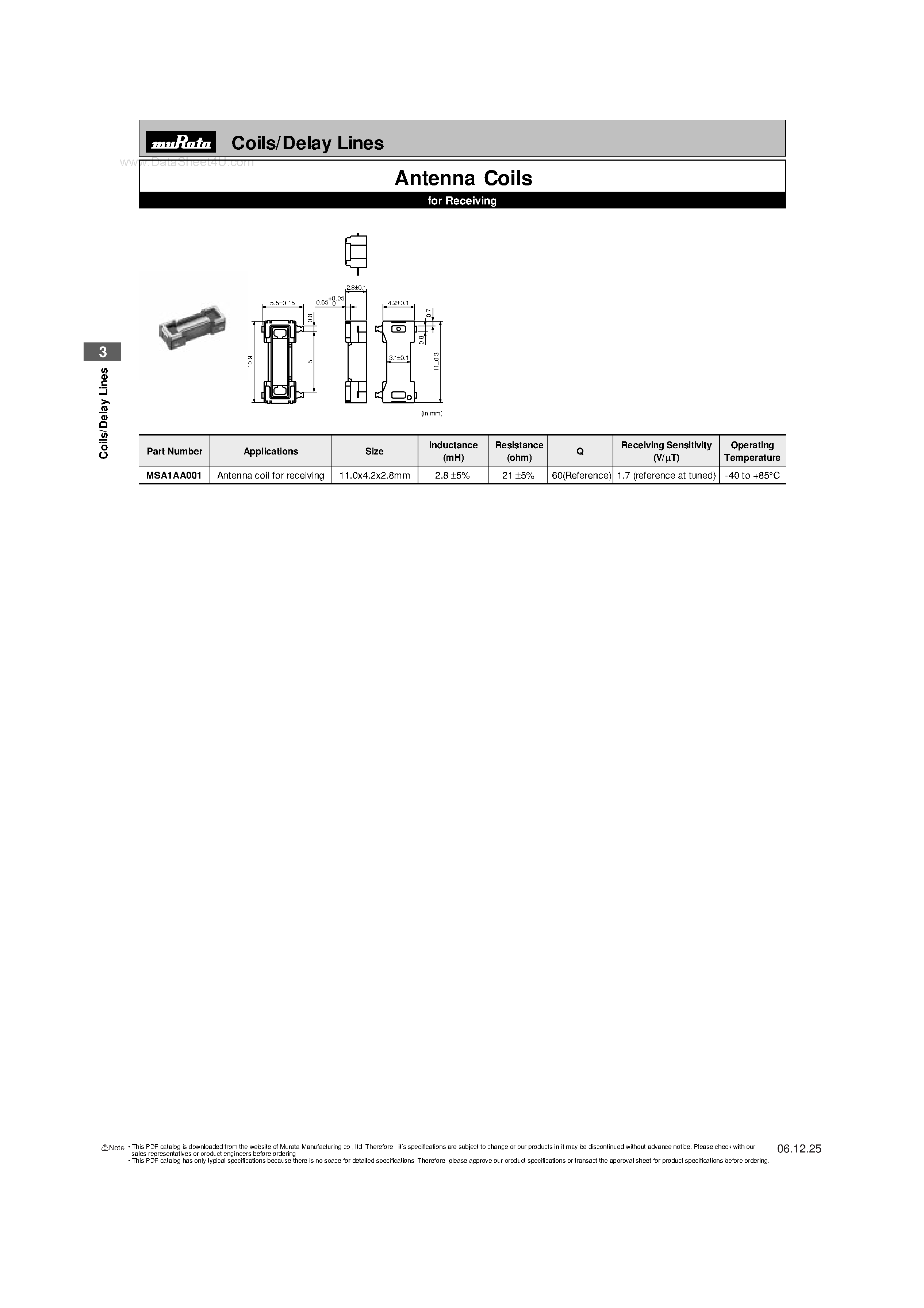 Даташит на микросхему MSA1AA001 страница 1 Даташит MSA1AA001 - Coils/Delay Lines страница 1