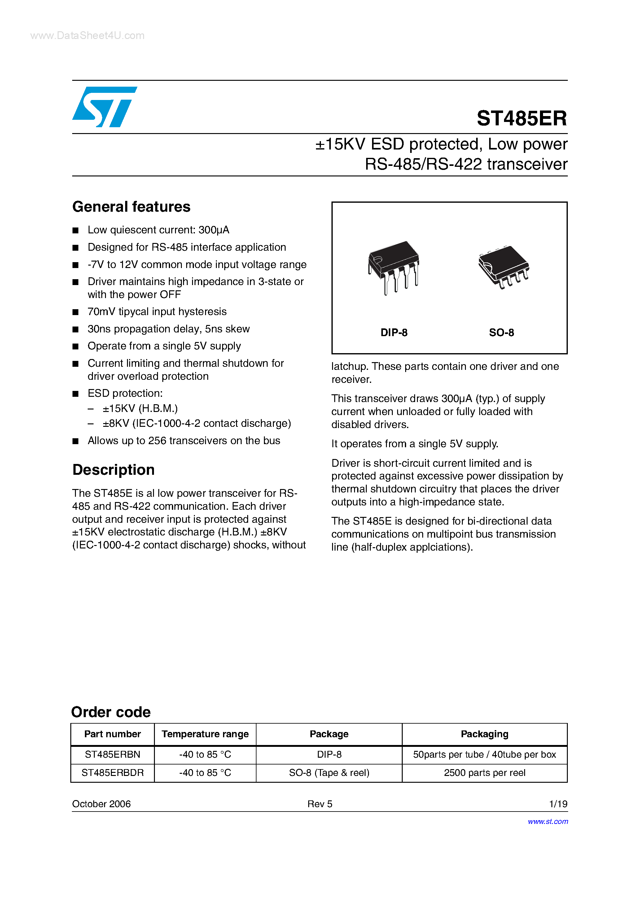 Datasheet ST485ER page 1 Datasheet ST485ER - Low power RS-485/RS-422 transceiver page 1