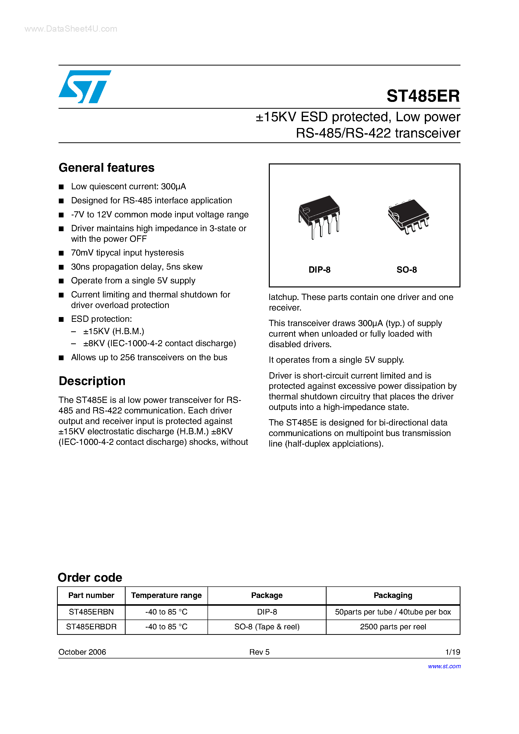 Даташит ST485ER - Low power RS-485/RS-422 transceiver страница 1