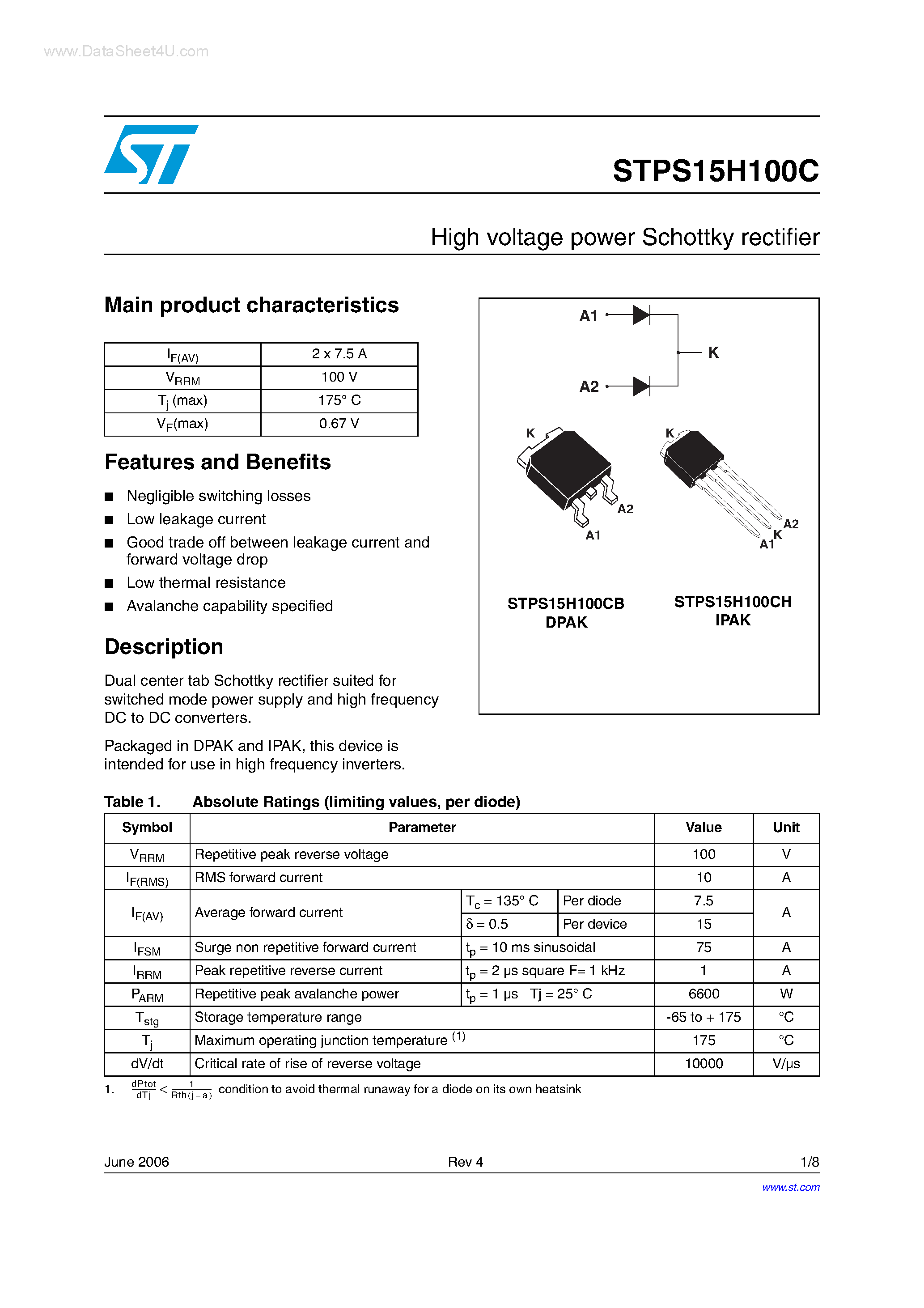 Datasheet STPS15H100C - High voltage power Schottky rectifier page 1