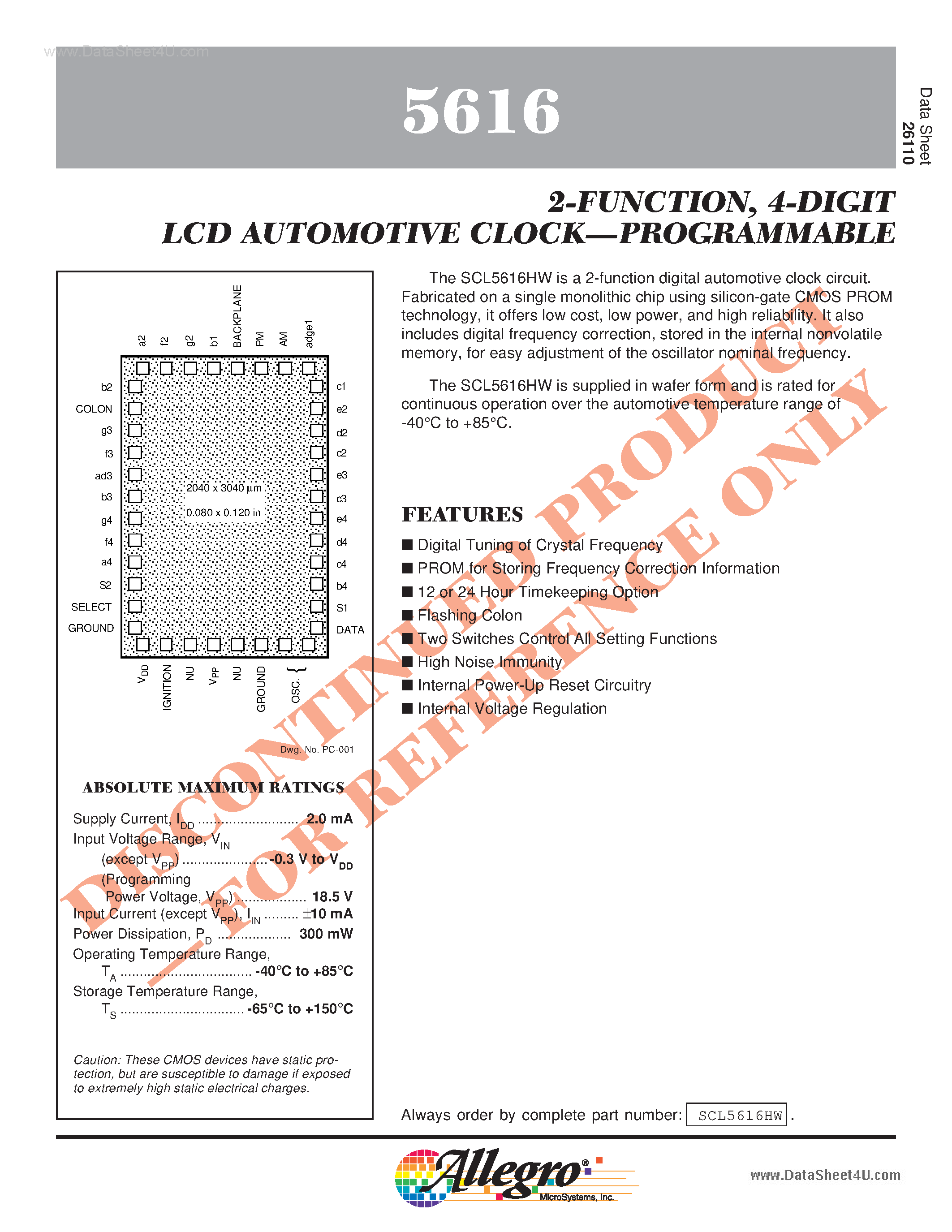 Datasheet 5616 - 4-DIGIT LCD AUTOMOTIVE CLOCK-PROGRAMMABLE page 1