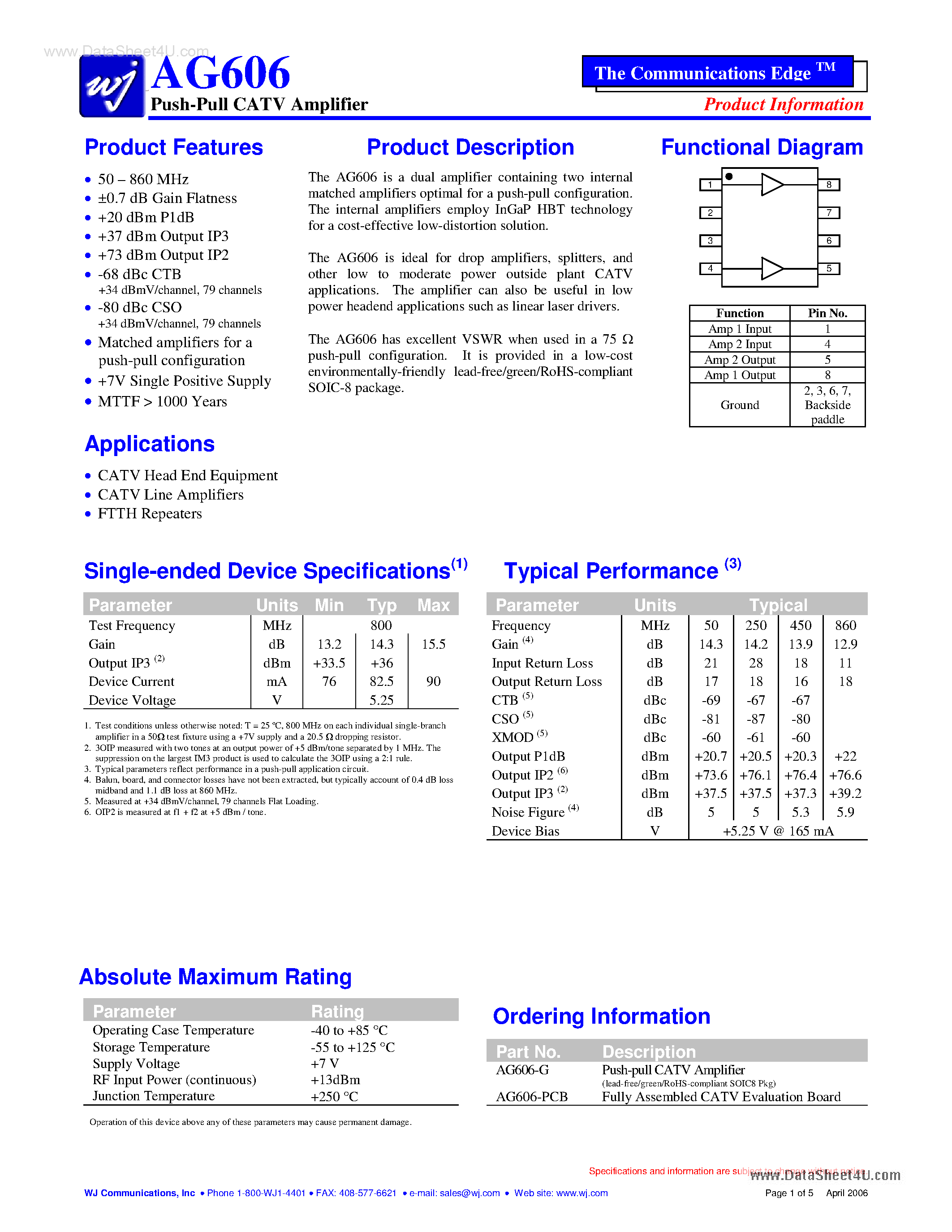 Datasheet AG606 page 1 Datasheet AG606 - Push-Pull CATV Amplifier page 1