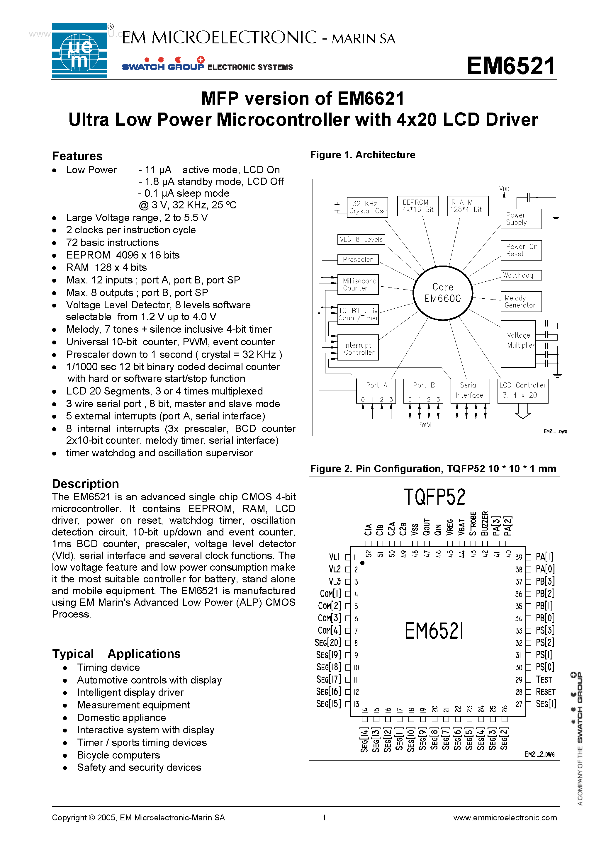 Даташит EM6521 - 4 bit Microcontroller страница 1