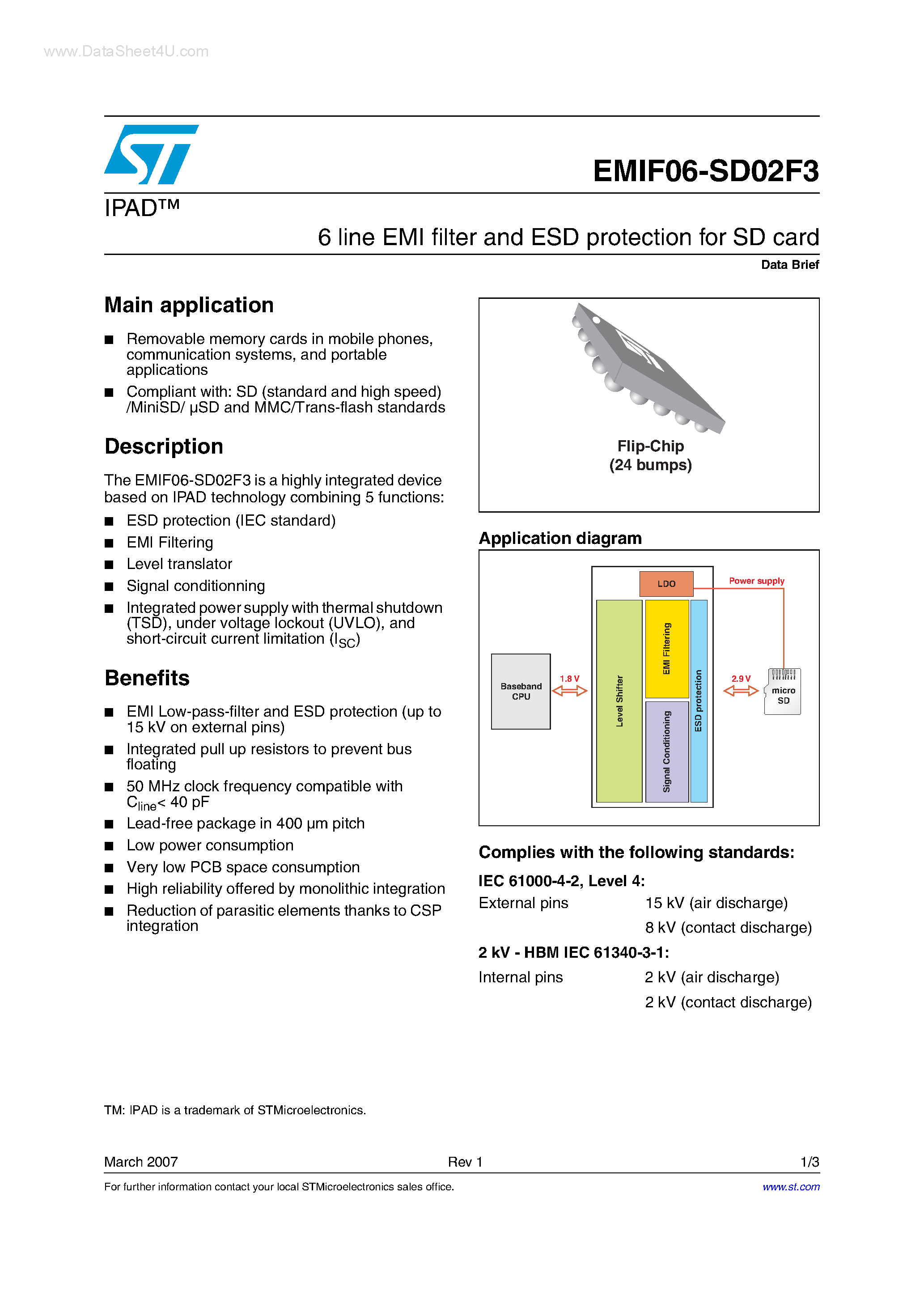 Datasheet EMIF06-SD02F3 page 1 Datasheet EMIF06-SD02F3 - 6 line EMI filter and ESD protection page 1