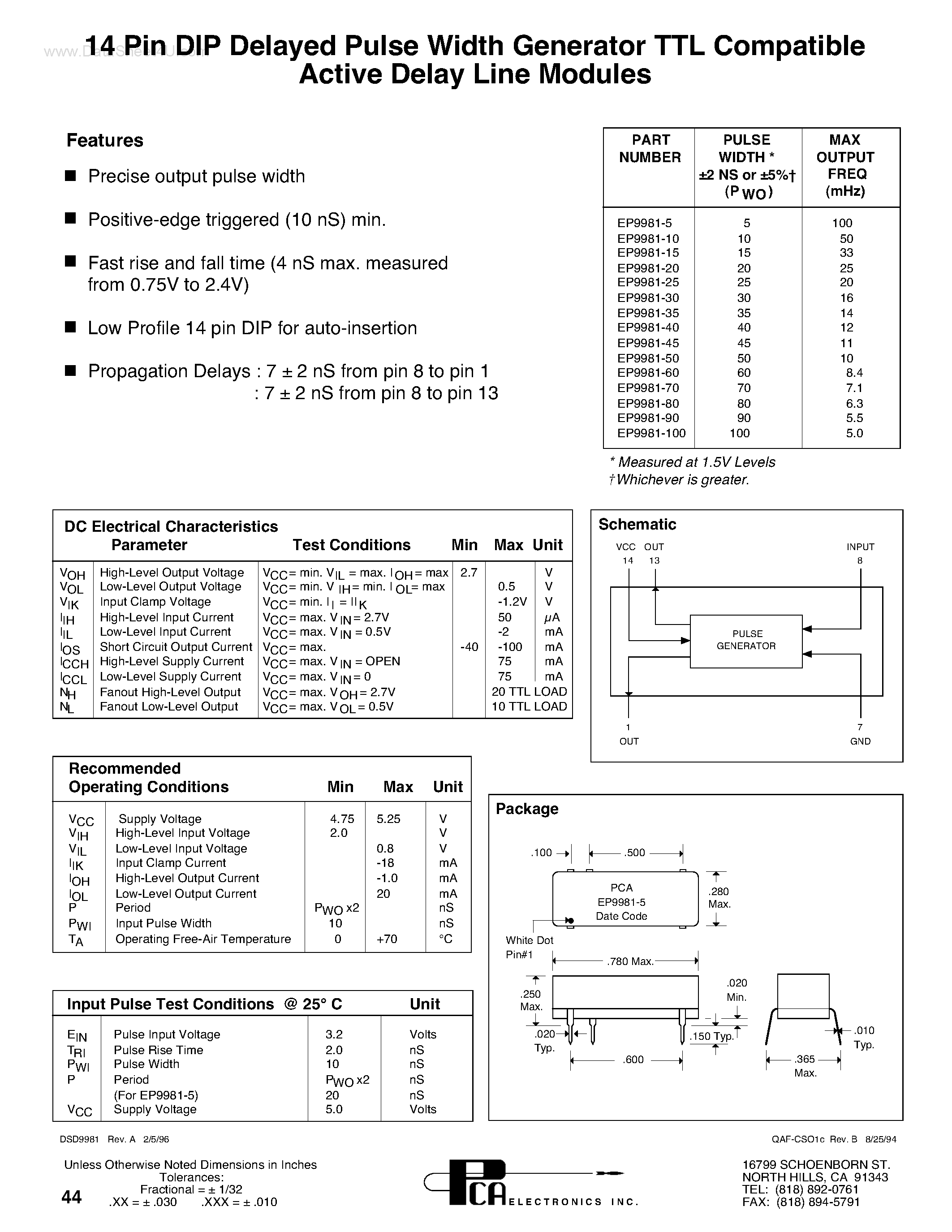 Даташит EP9981 - 14 Pin DIP Delayed Pulse Width Generator TTL Compatible Active Delay Line Modules страница 1
