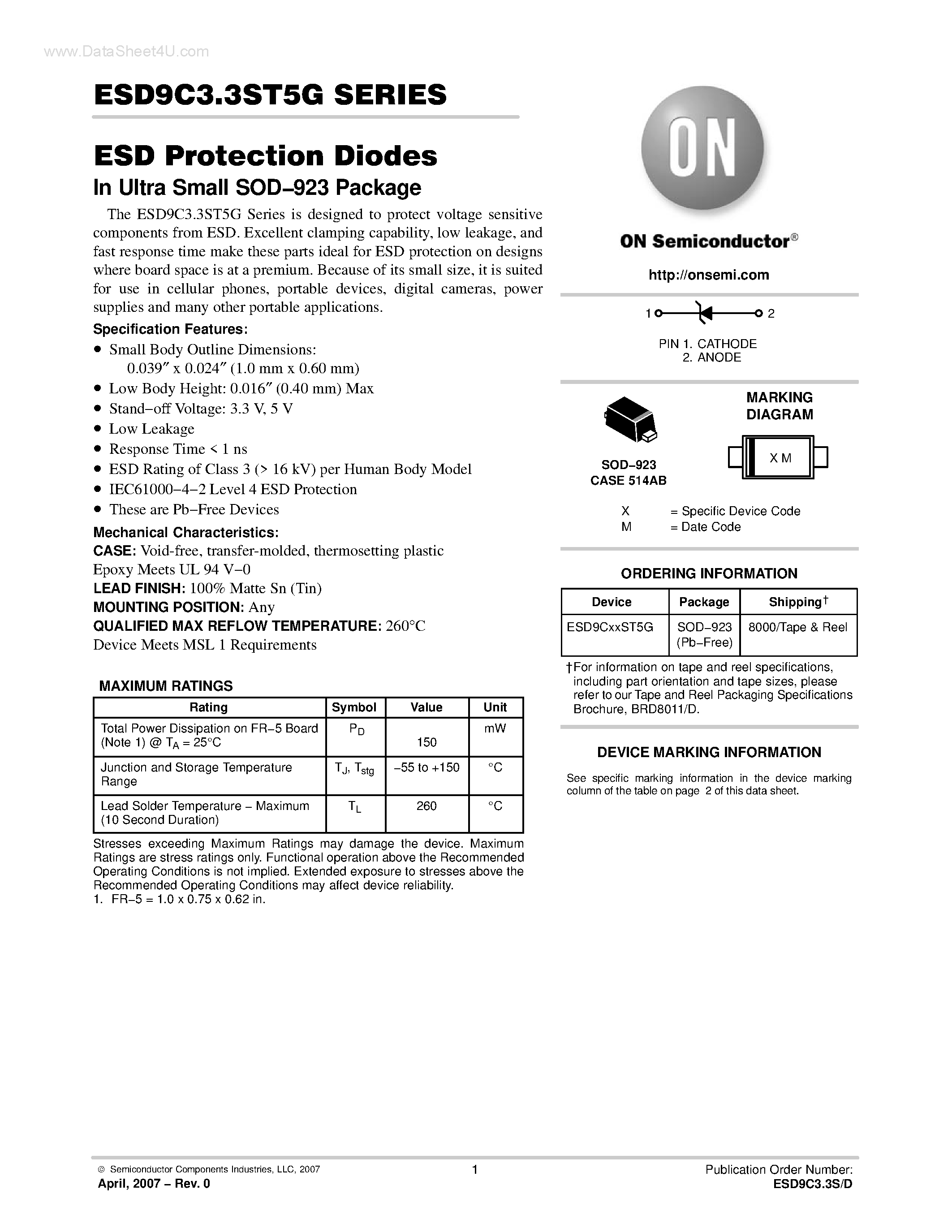 Даташит на микросхему ESD9C3.3ST5G страница 1 Даташит ESD9C3.3ST5G - ESD Protection Diodes страница 1