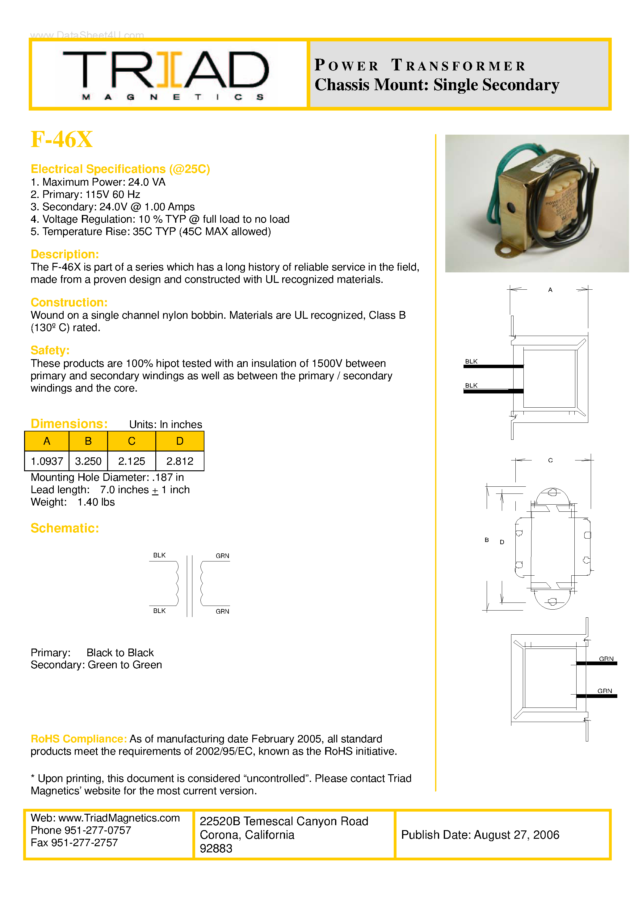 Datasheet F-46X - POWER TRANSFORMER Chassis Mount page 1