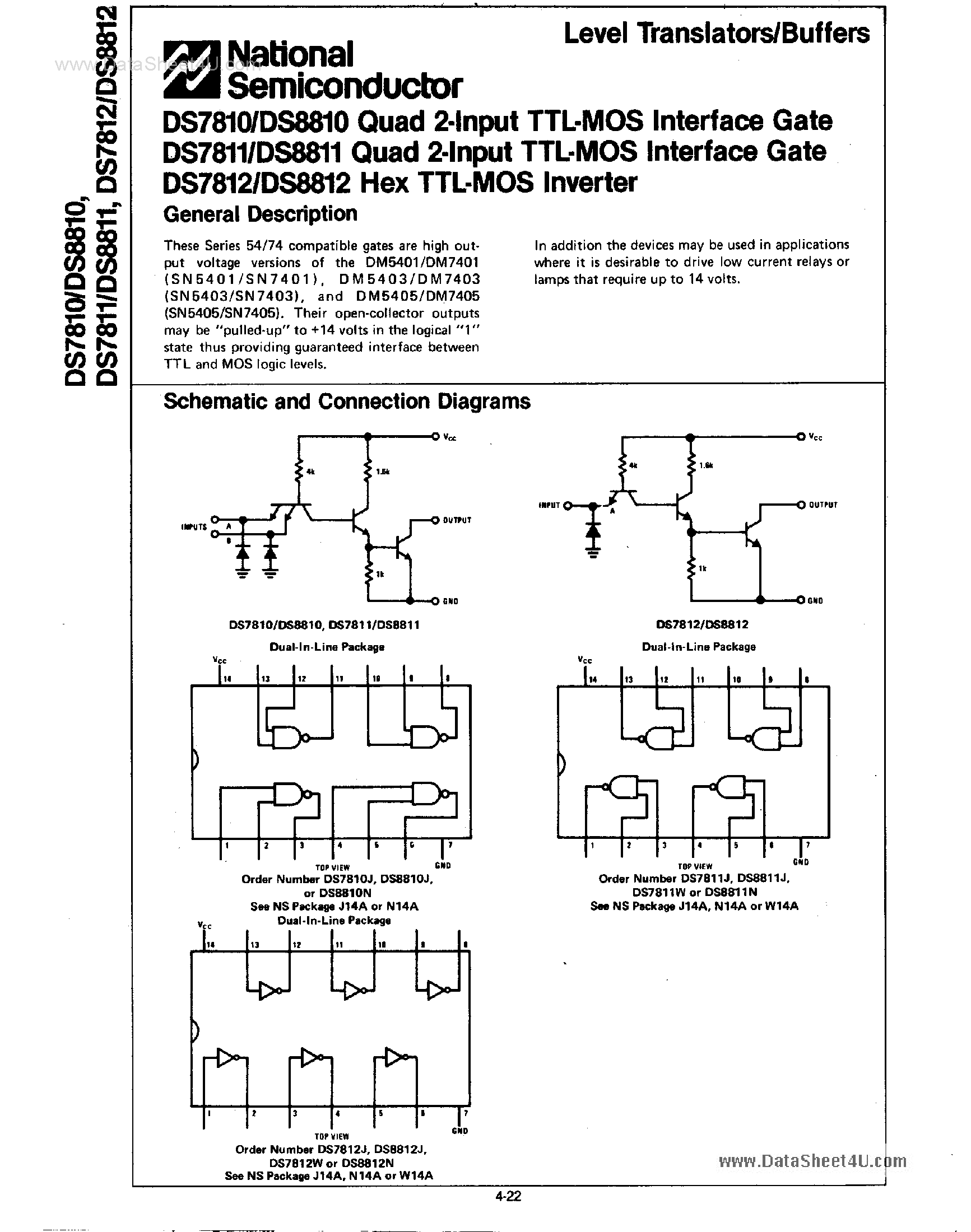 Datasheet DS8810 - (DS8810 - DS8812) Hex TTL MOS Inverter page 1