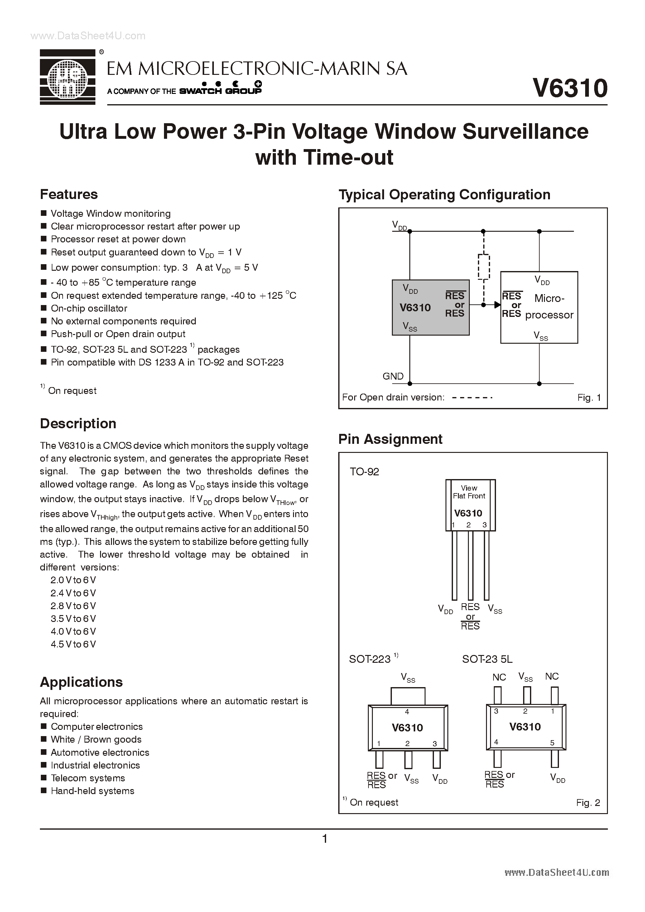Datasheet V6310 - Ultra Low Power 3-Pin Voltage Window Surveillance page 1