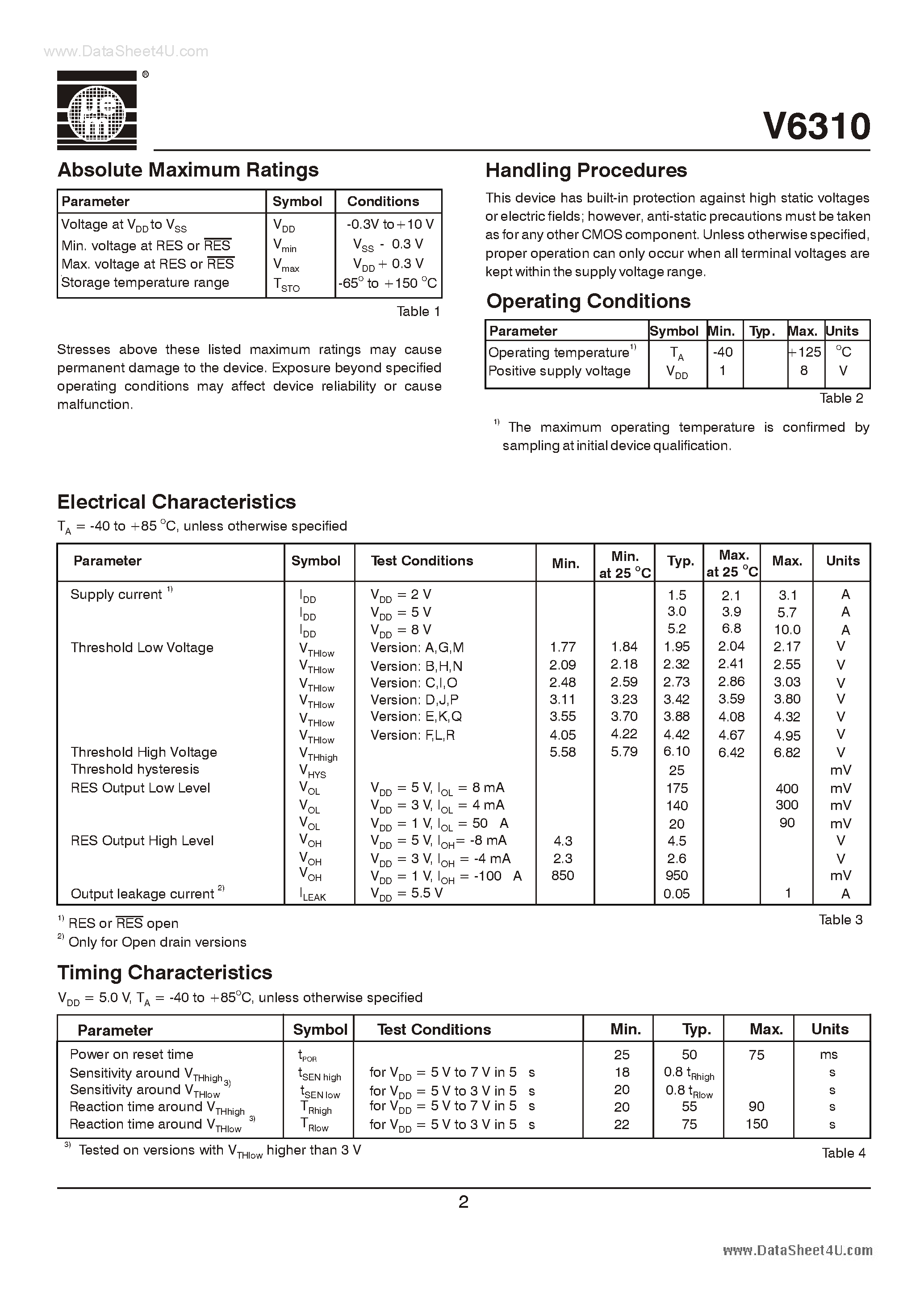 Datasheet V6310 - Ultra Low Power 3-Pin Voltage Window Surveillance page 2