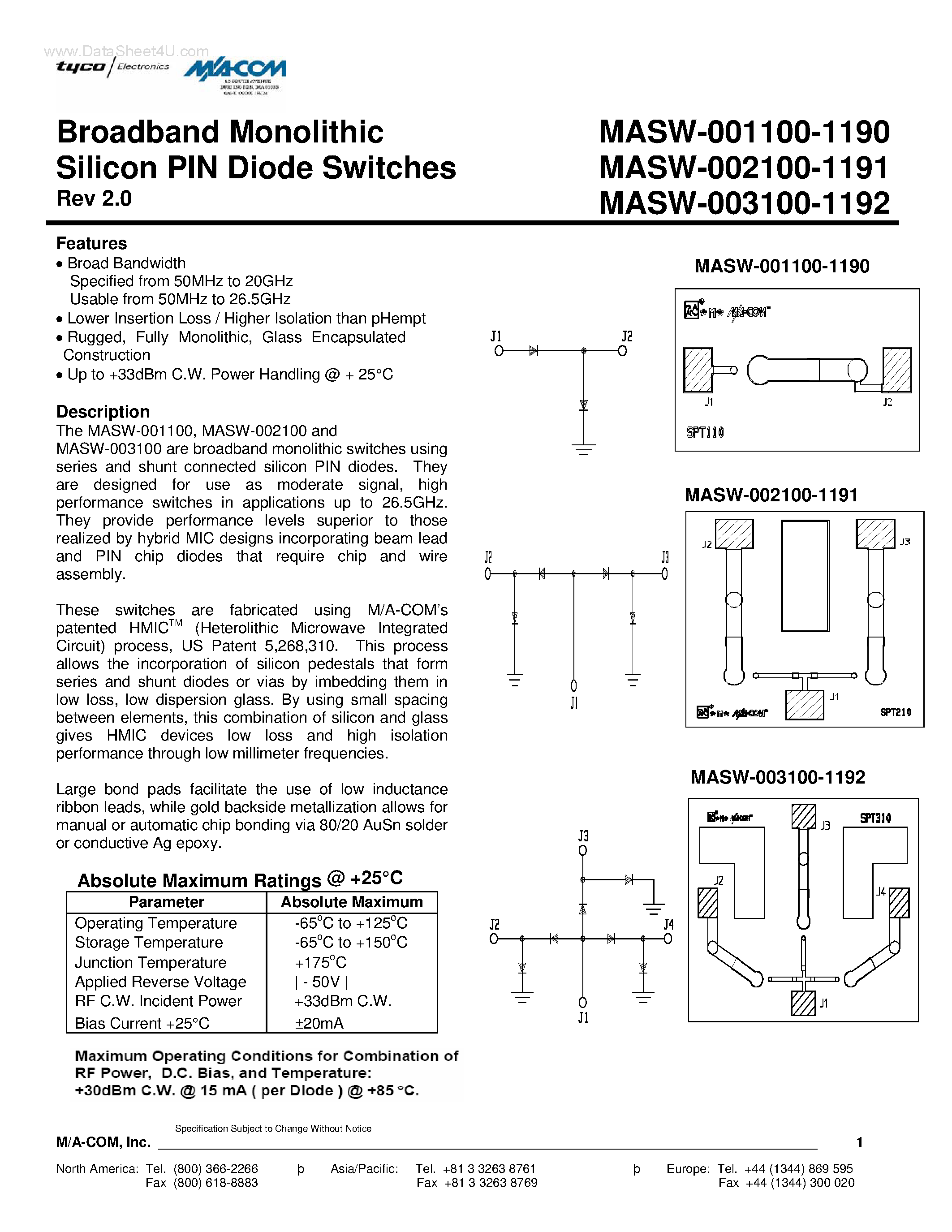 Datasheet MASW-001100-1190 page 1 Datasheet MASW-001100-1190 - (MASW-00x100-119x) Broadband Monolithic Silicon PIN Diode Switches page 1