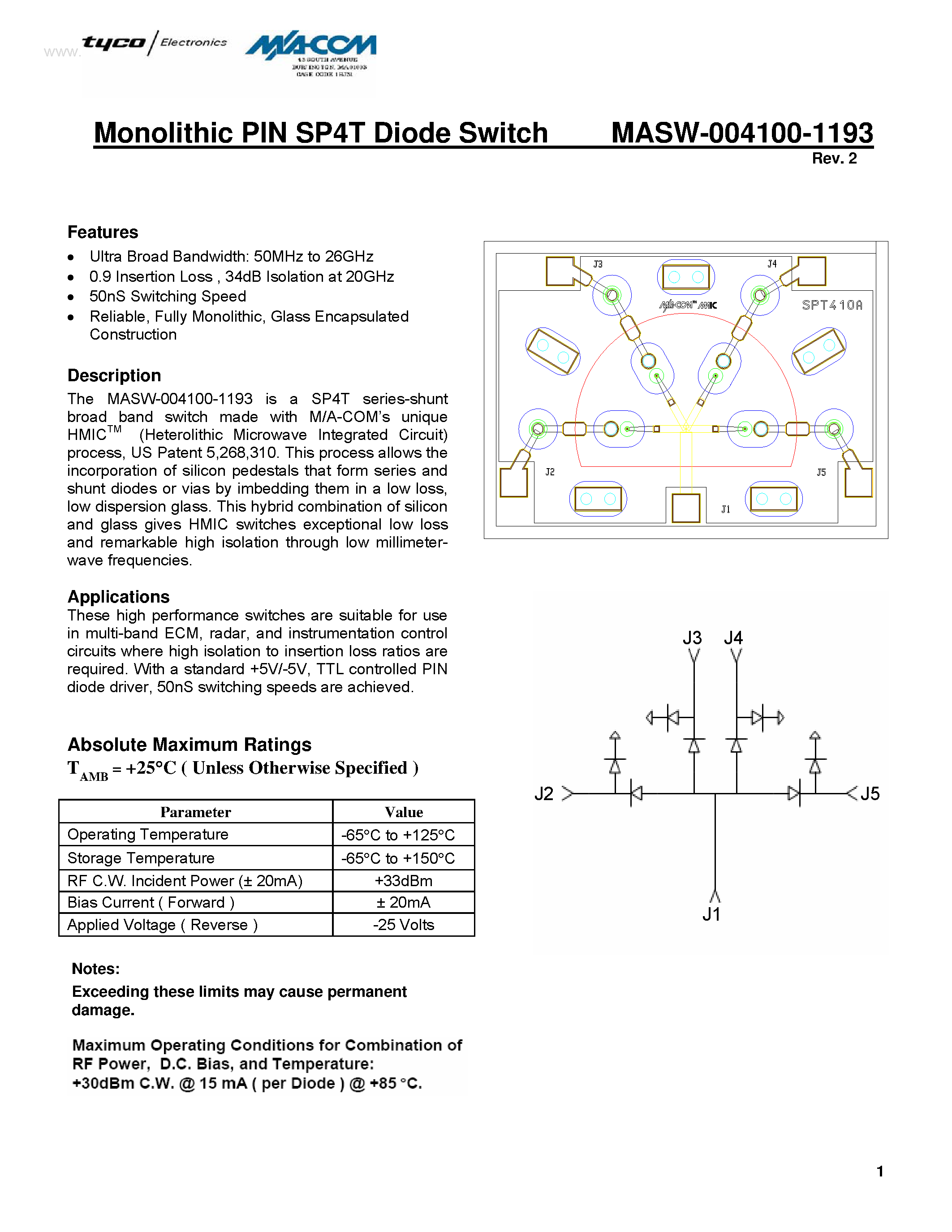 Datasheet MASW-004100-1193 page 1 Datasheet MASW-004100-1193 - Monolithic PIN SP4T Diode Switch page 1
