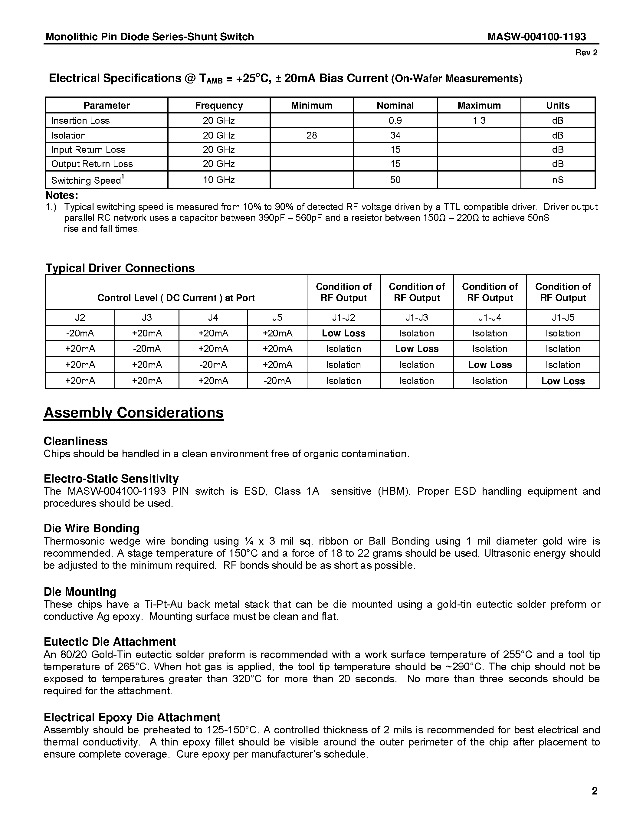 Datasheet MASW-004100-1193 page 2 Datasheet MASW-004100-1193 - Monolithic PIN SP4T Diode Switch page 2