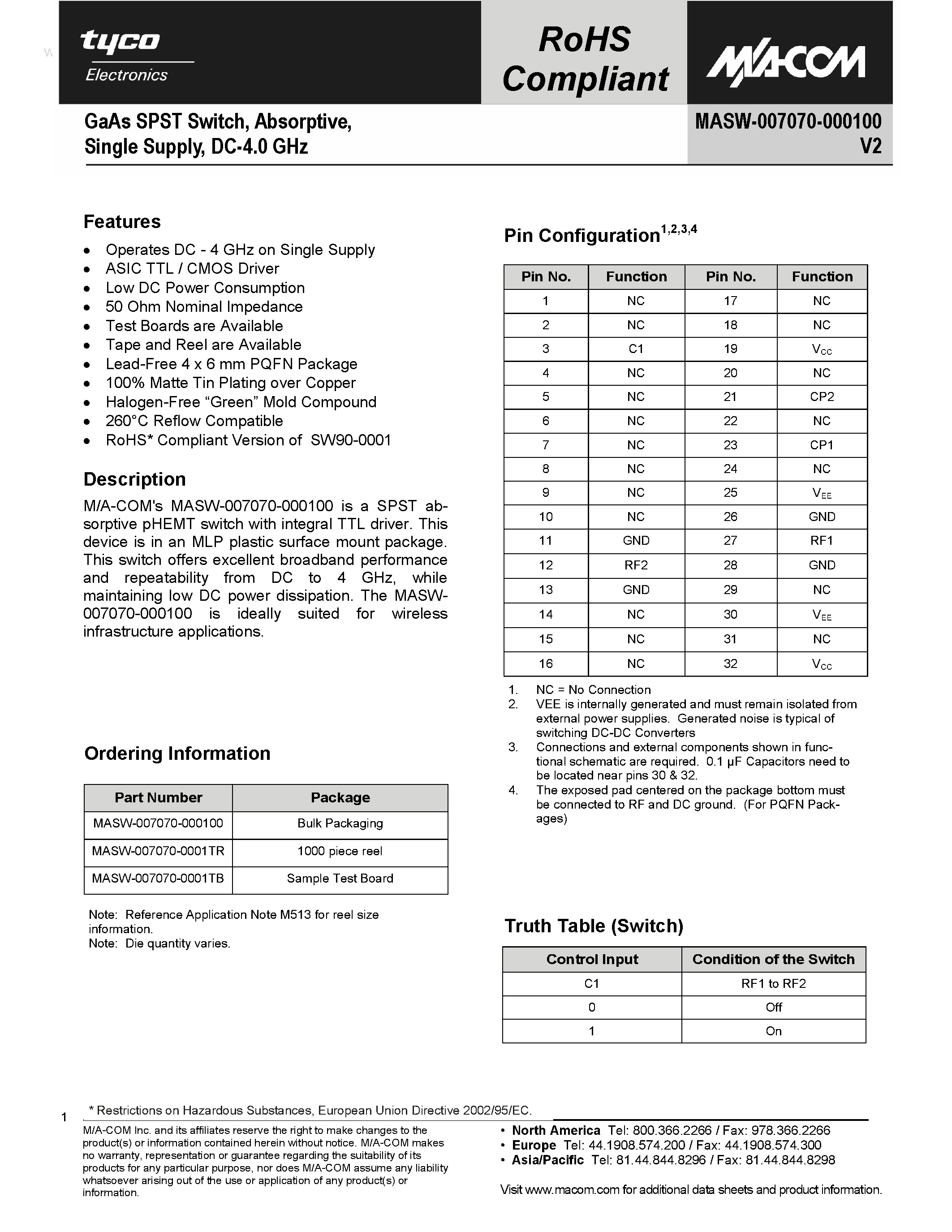 Datasheet MASW-007070-000100 page 1 Datasheet MASW-007070-000100 - GaAs SPST Switch page 1