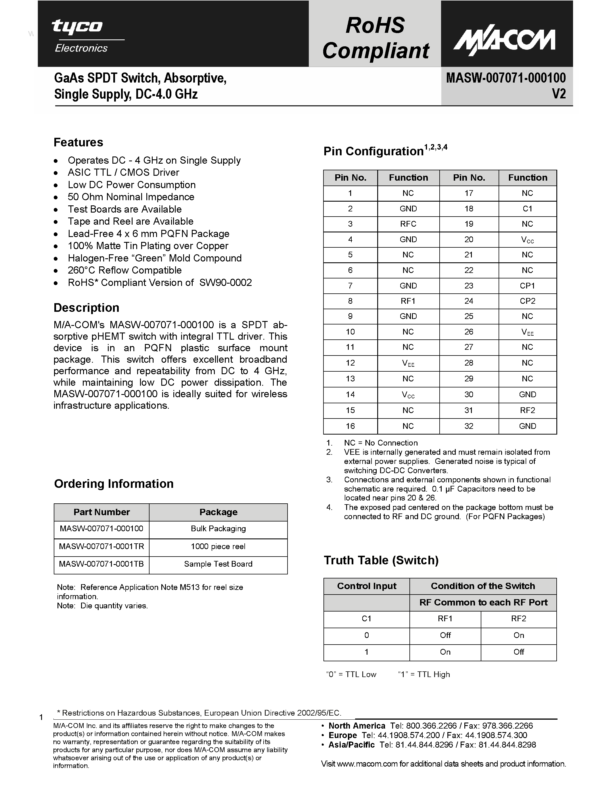 Datasheet MASW-007071-000100 page 1 Datasheet MASW-007071-000100 - GaAs SPST Switch page 1