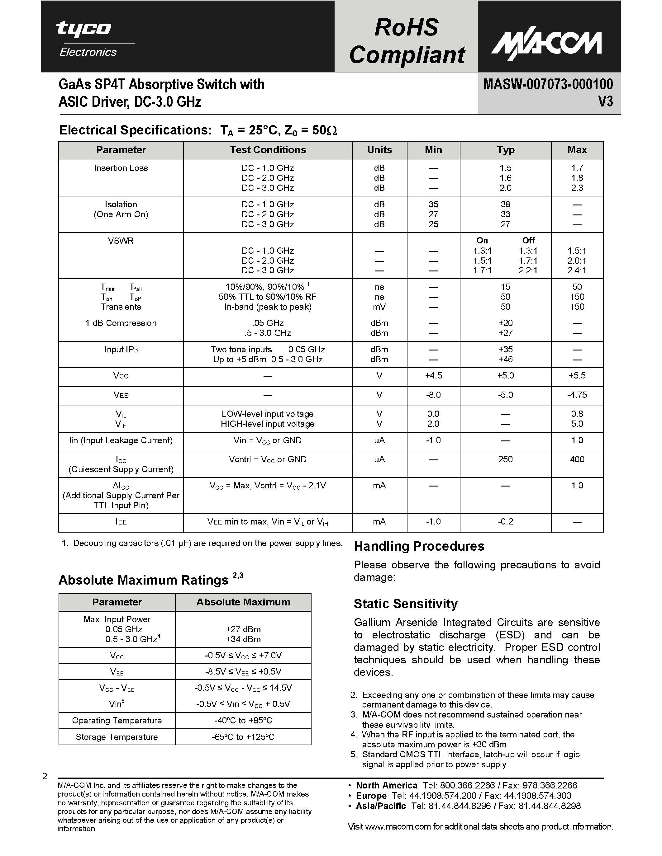 Datasheet MASW-007073-000100 page 2 Datasheet MASW-007073-000100 - GaAs SP4T Absorptive Switch page 2