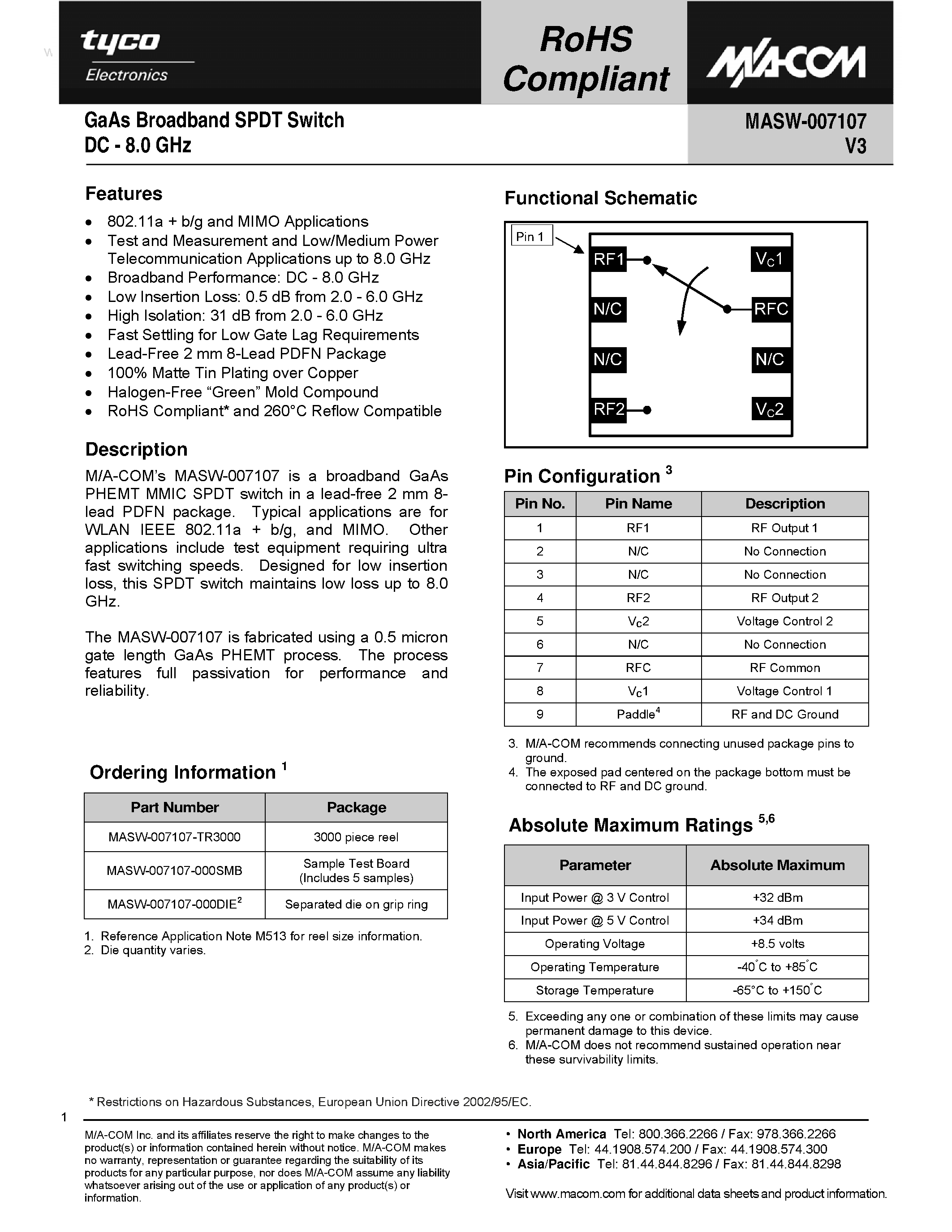 Datasheet MASW-007107 page 1 Datasheet MASW-007107 - GaAs Broadband SPDT Switch page 1