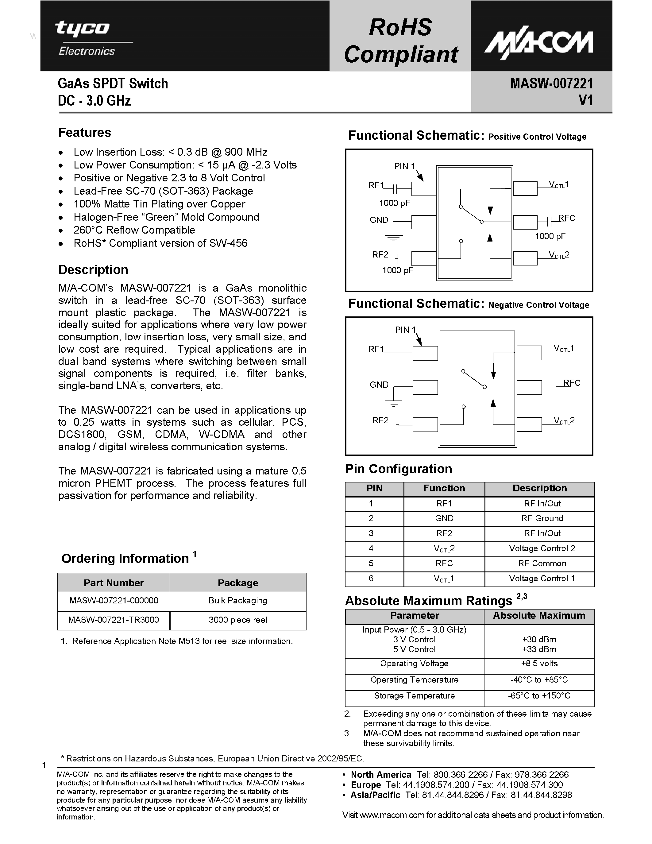 Datasheet MASW-007221 page 1 Datasheet MASW-007221 - GaAs SPDT Switch page 1
