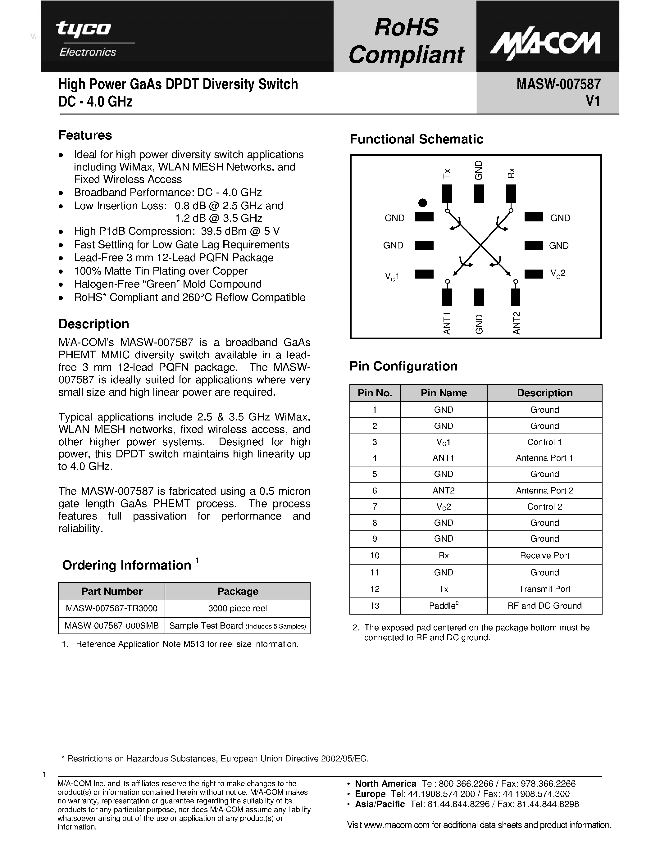 Datasheet MASW-007587 - High Power GaAs DPDT Diversity Switch page 1