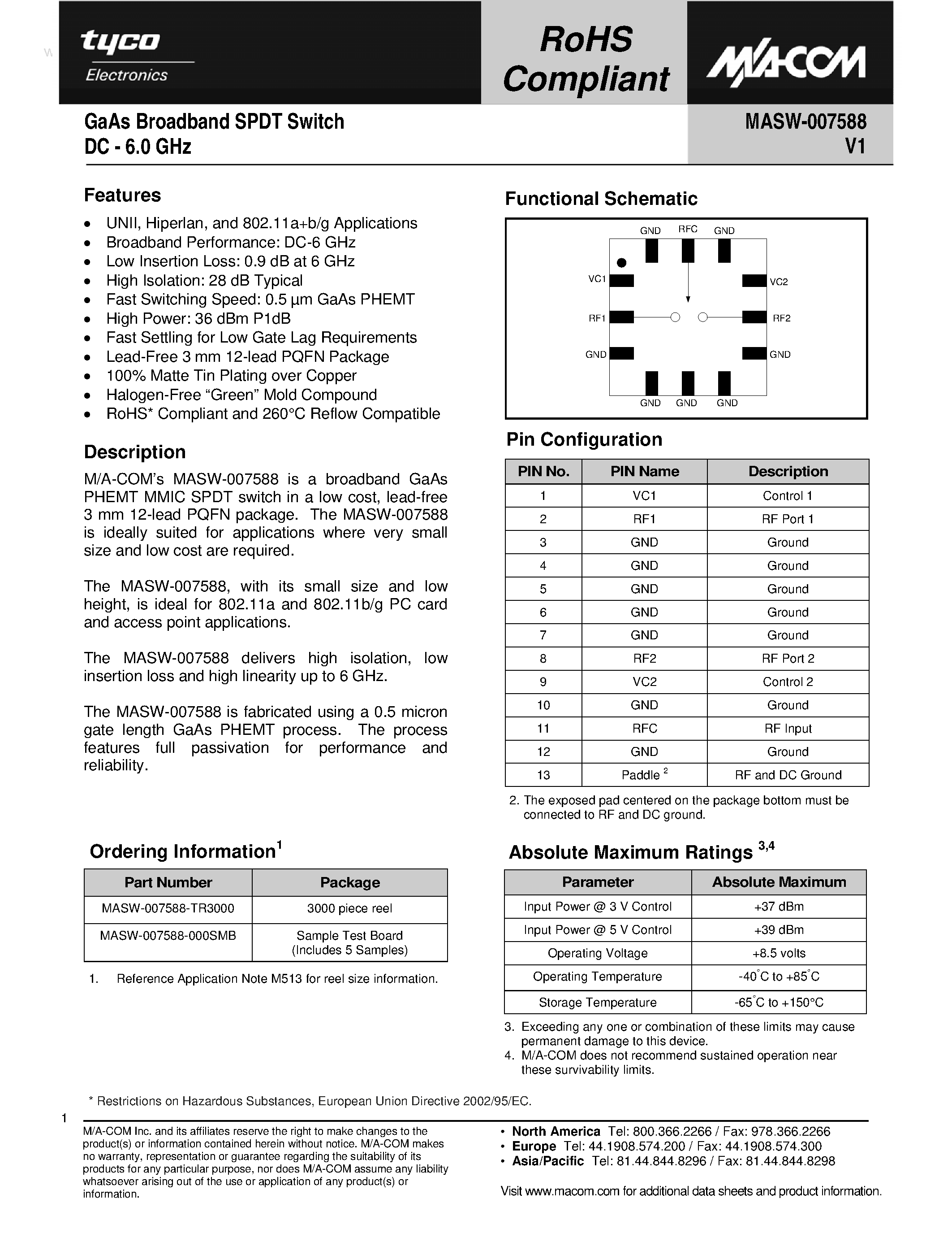 Datasheet MASW-007588 page 1 Datasheet MASW-007588 - GaAs Broadband SPDT Switch page 1